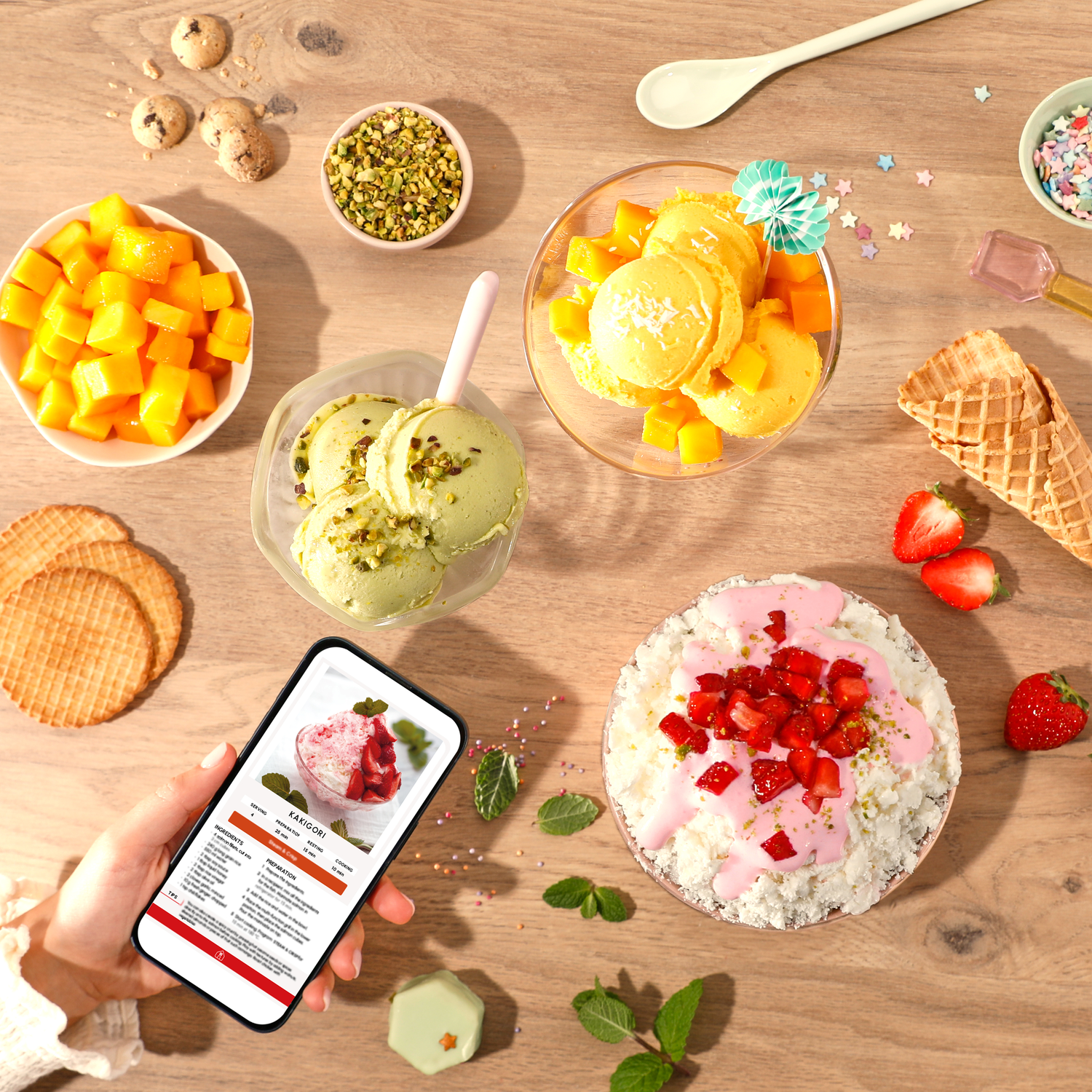 Een bovenaanzicht van verschillende desserts en ingrediënten op een houten tafel. Een hand houdt een telefoon met een dessertrecept vast.