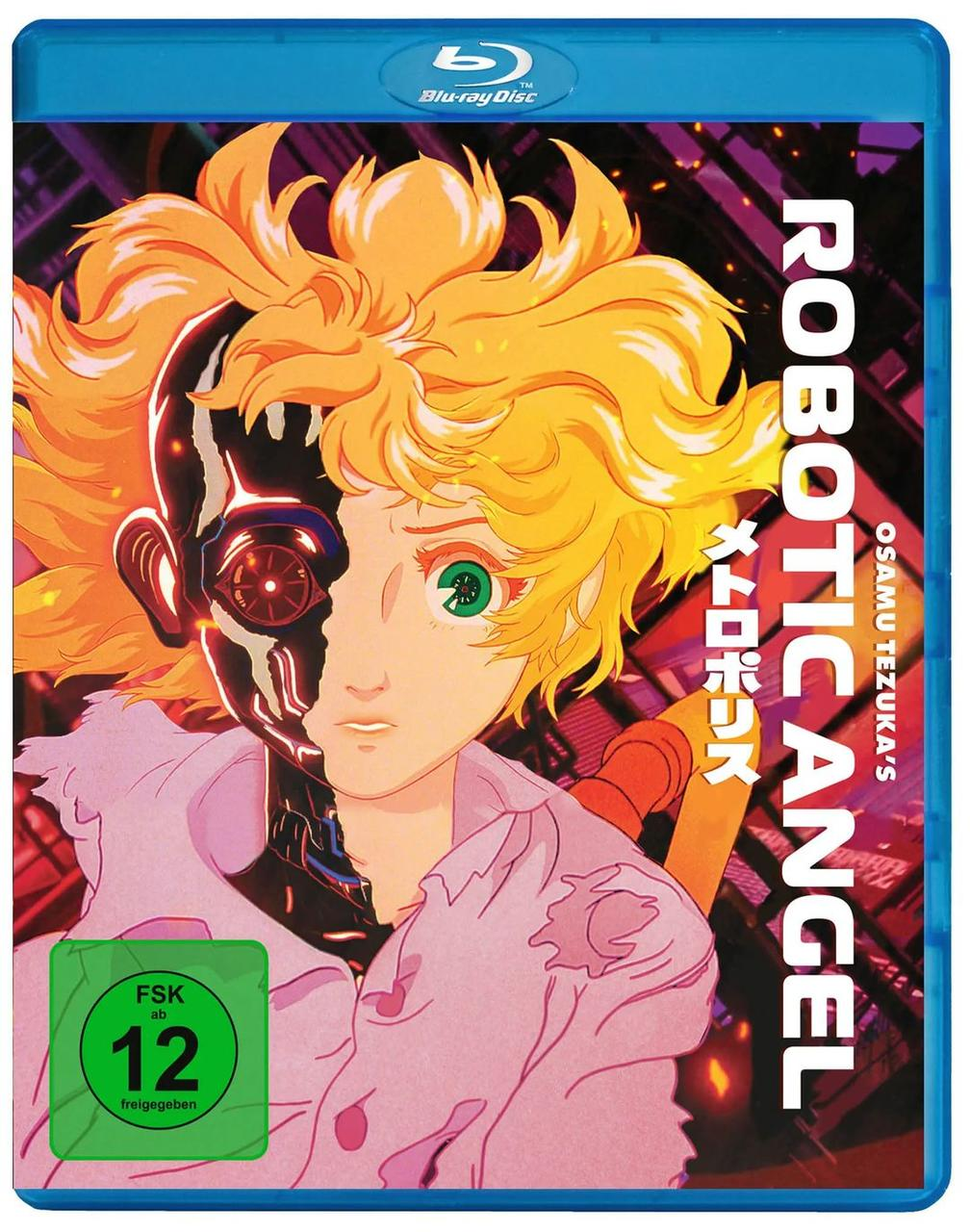 Blu-ray-Cover von 'Robotic Angel'. Ein Cyborg-Mädchen mit blonden Haaren und einem Robotergesicht. Text auf Englisch und Japanisch. FSK 12 Aufkleber.