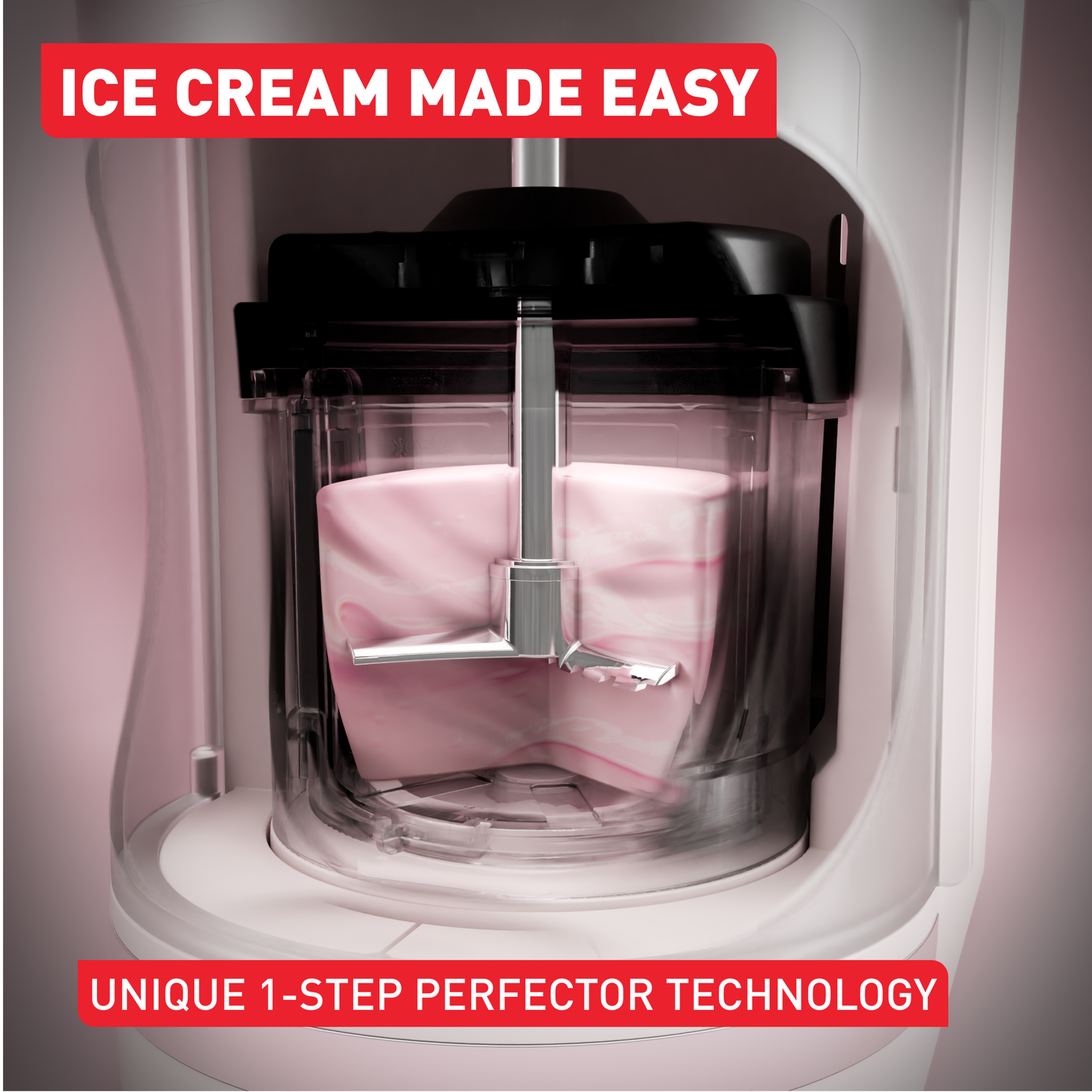Een ijsmachine met roze ijs erin. Rode tekst zegt 'IJs maken gemakkelijk' en 'Unieke 1-stap perfectortechnologie'.