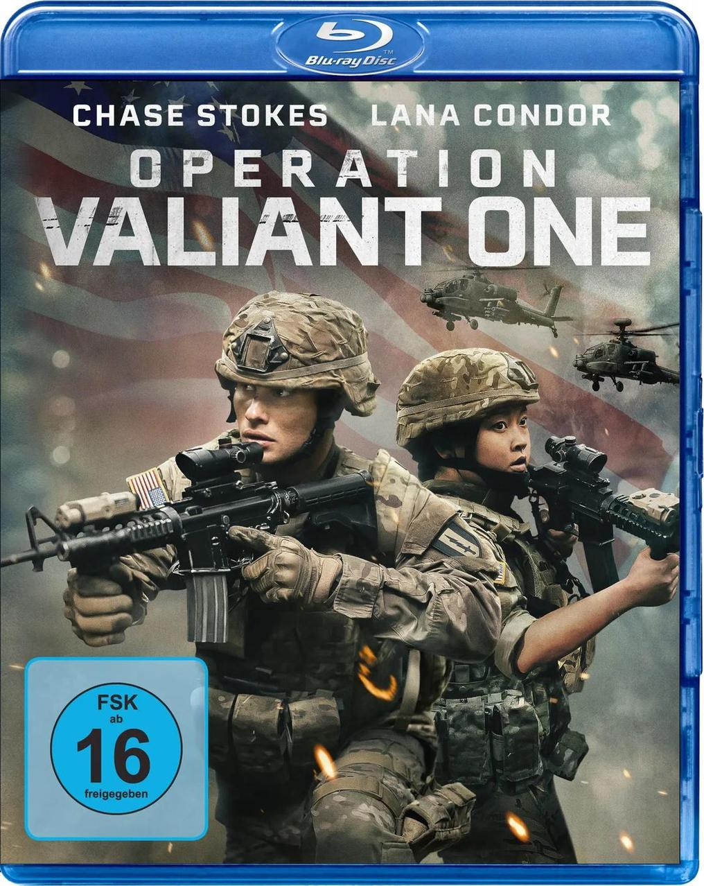 Blu-ray-Cover mit Soldaten, die Gewehre halten. Titel: Operation Valiant One. Schauspieler: Chase Stokes, Lana Condor. Hubschrauber im Hintergrund.