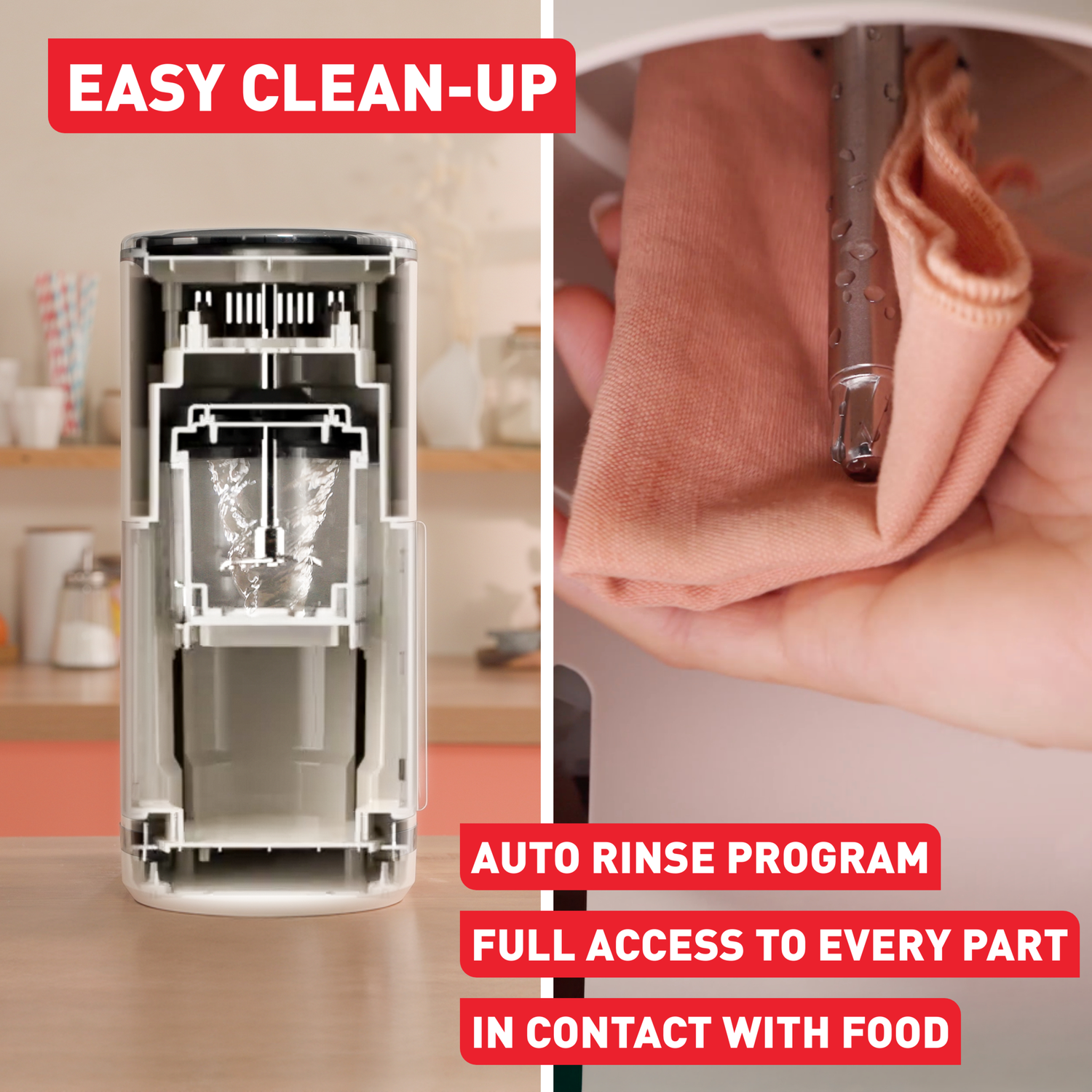 Een dwarsdoorsnede van een wit apparaat. Een hand veegt een metalen onderdeel af met een roze doek. Tekst: Easy Clean-Up, Auto Rinse Program.