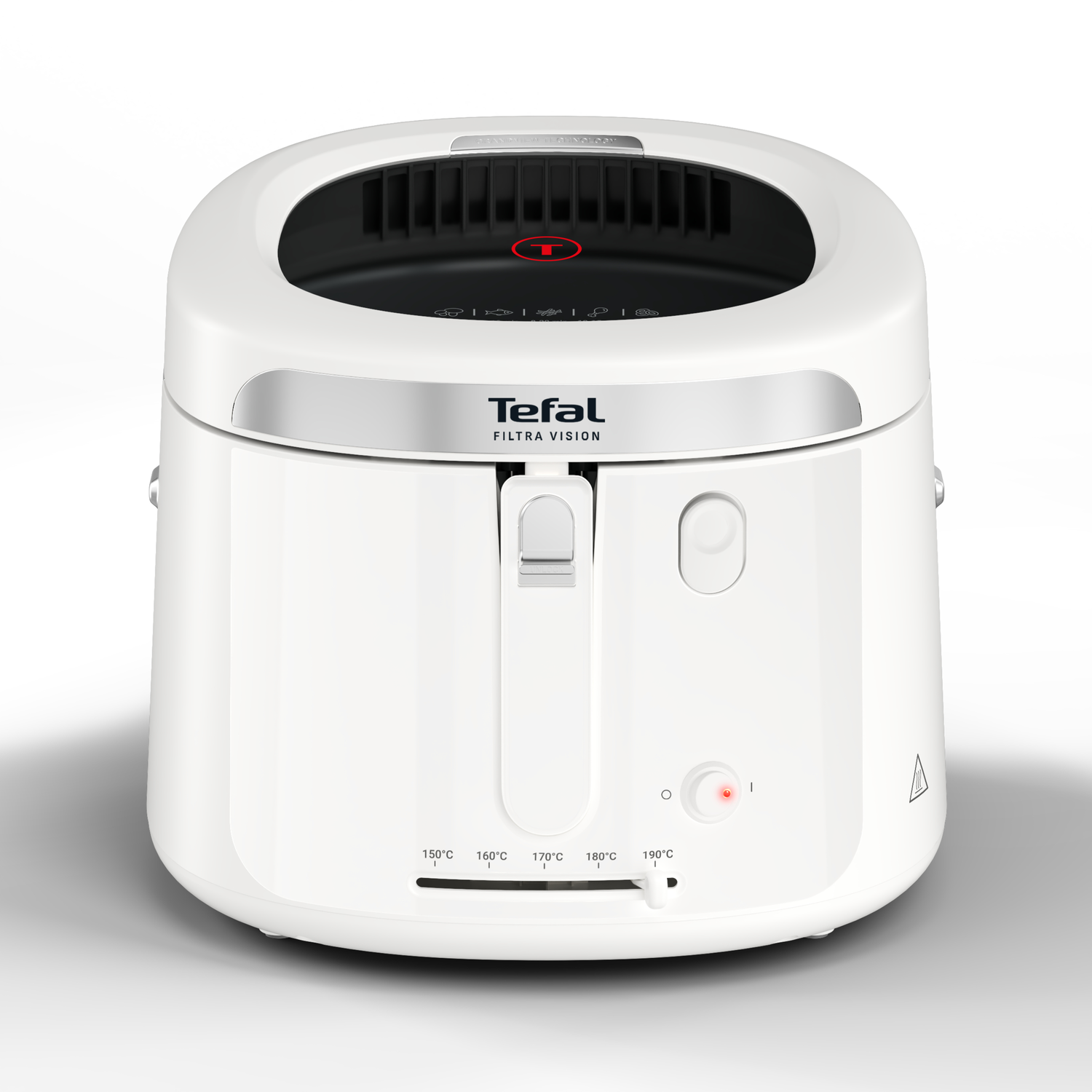A white Tefal Filtra Vision deep fryer. It has a control panel showing temperatures, a handle, and a red power indicator.