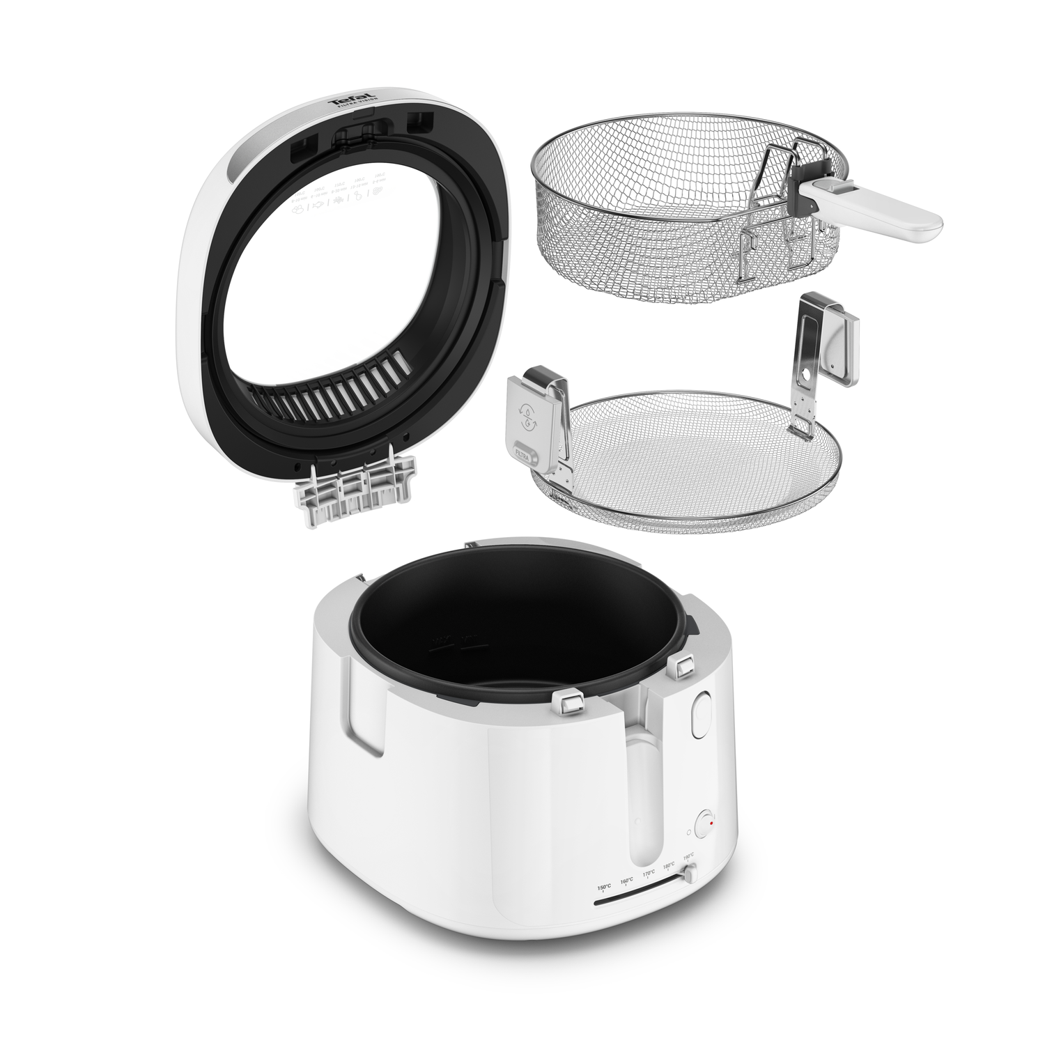 A white and black deep fryer is shown disassembled. Parts include the lid, basket, and main body with temperature controls. The background is white.