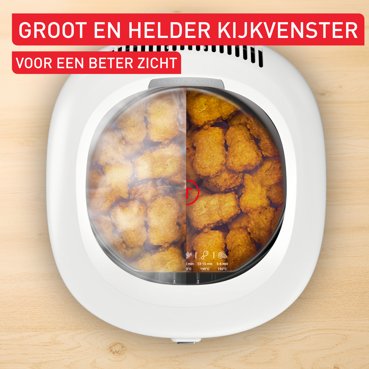 White air fryer with transparent window, filled with fried food. Text at the top reads 'Large and clear viewing window'.