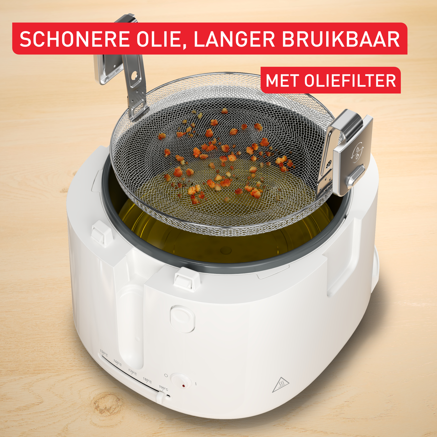 A white deep fryer with oil and a metal basket containing fried food. Red text on the top and bottom reads 'cleaner oil, longer usable' and 'with oil filter'.