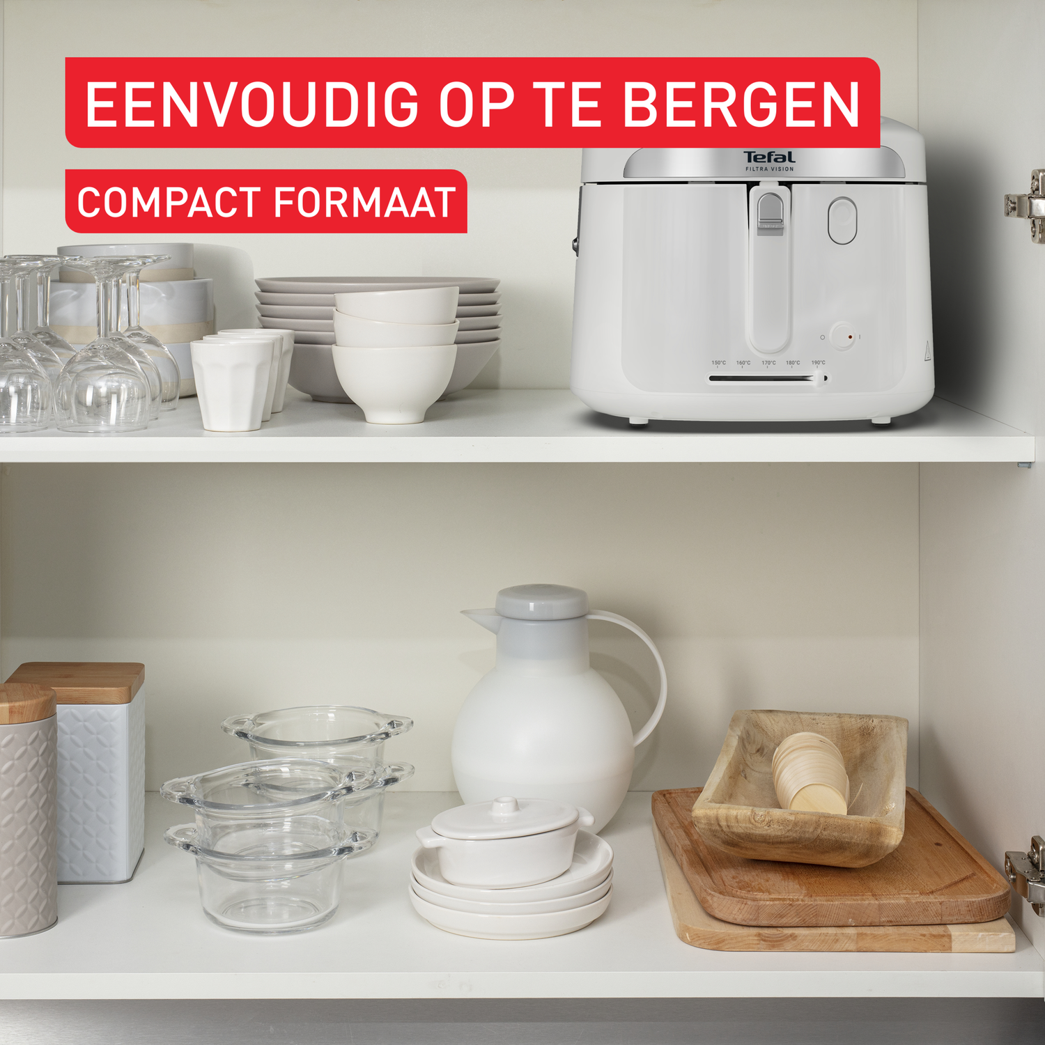 A white compact fryer is in a cabinet with dishes and a jug. Red text says 'easy to store' and 'compact size'.
