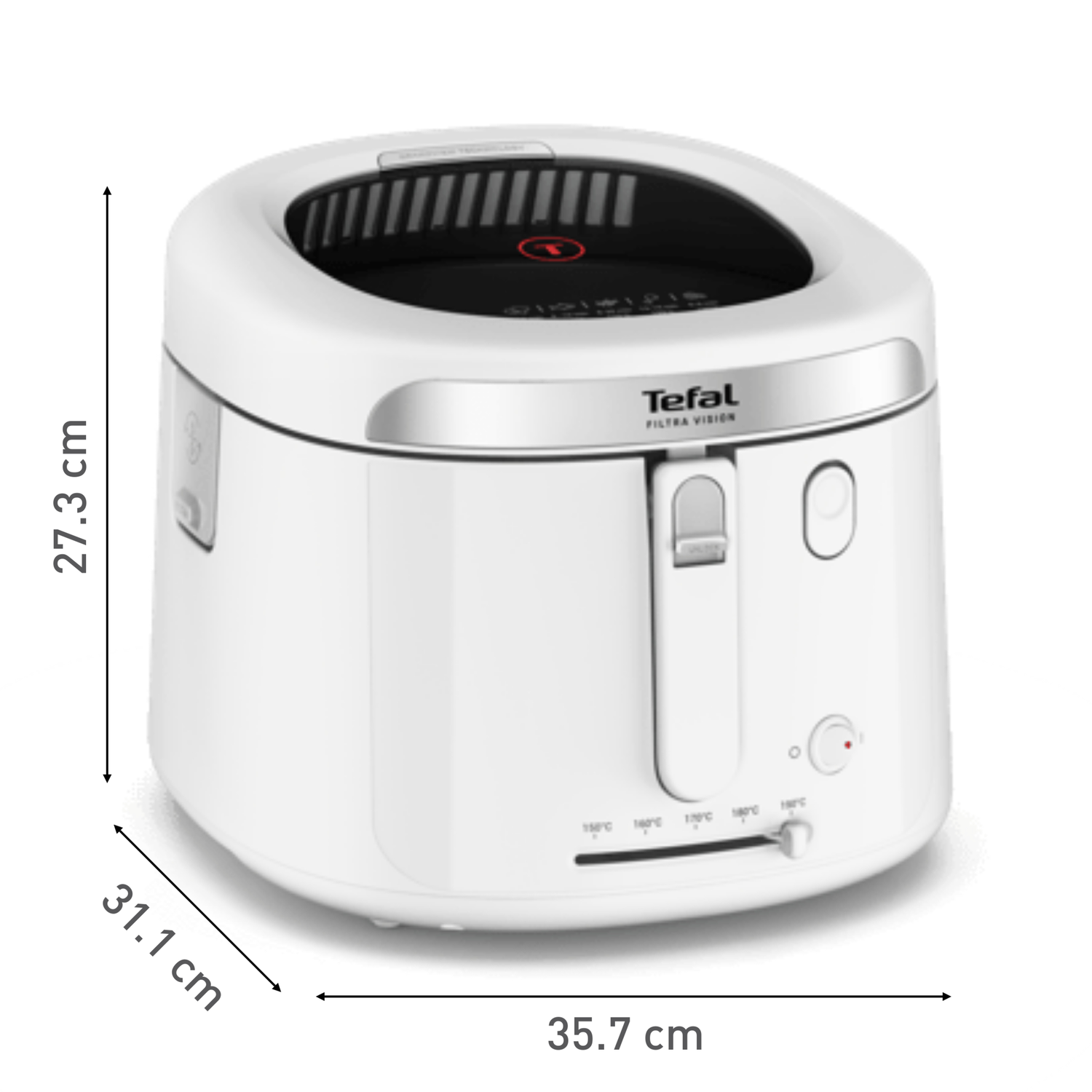 A white Tefal oil fryer with dimensions. It has a black top, silver trim, and temperature controls.