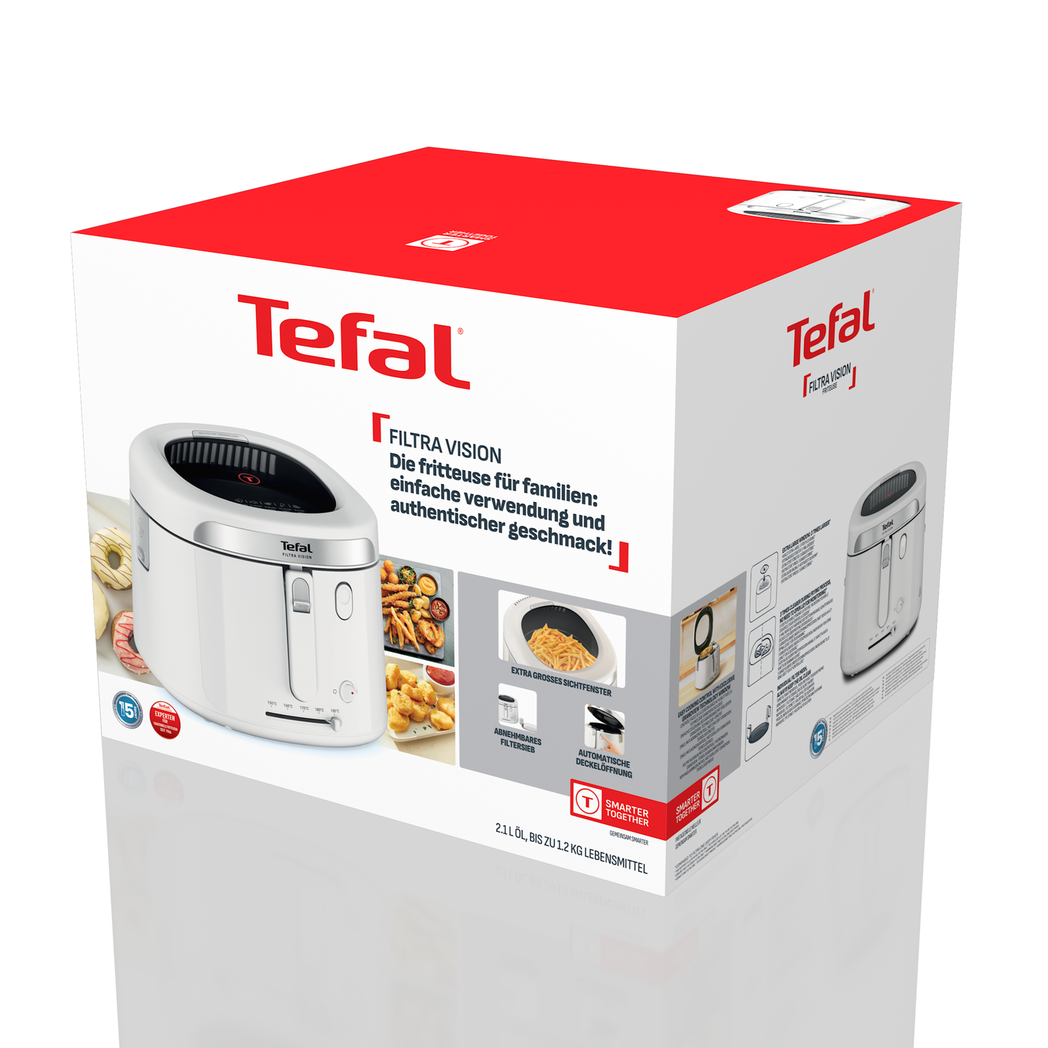 A white Tefal fryer box. It has images of the fryer and fried food. Text includes 'FILTRA VISION' and 'SMARTER TOGETHER'.
