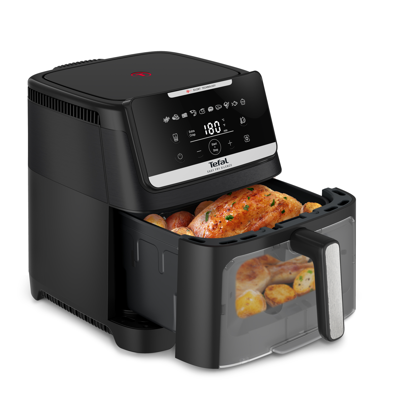 A black Tefal Easy Fry air fryer with a roasted chicken and potatoes inside. The temperature is set to 180 degrees Celsius.