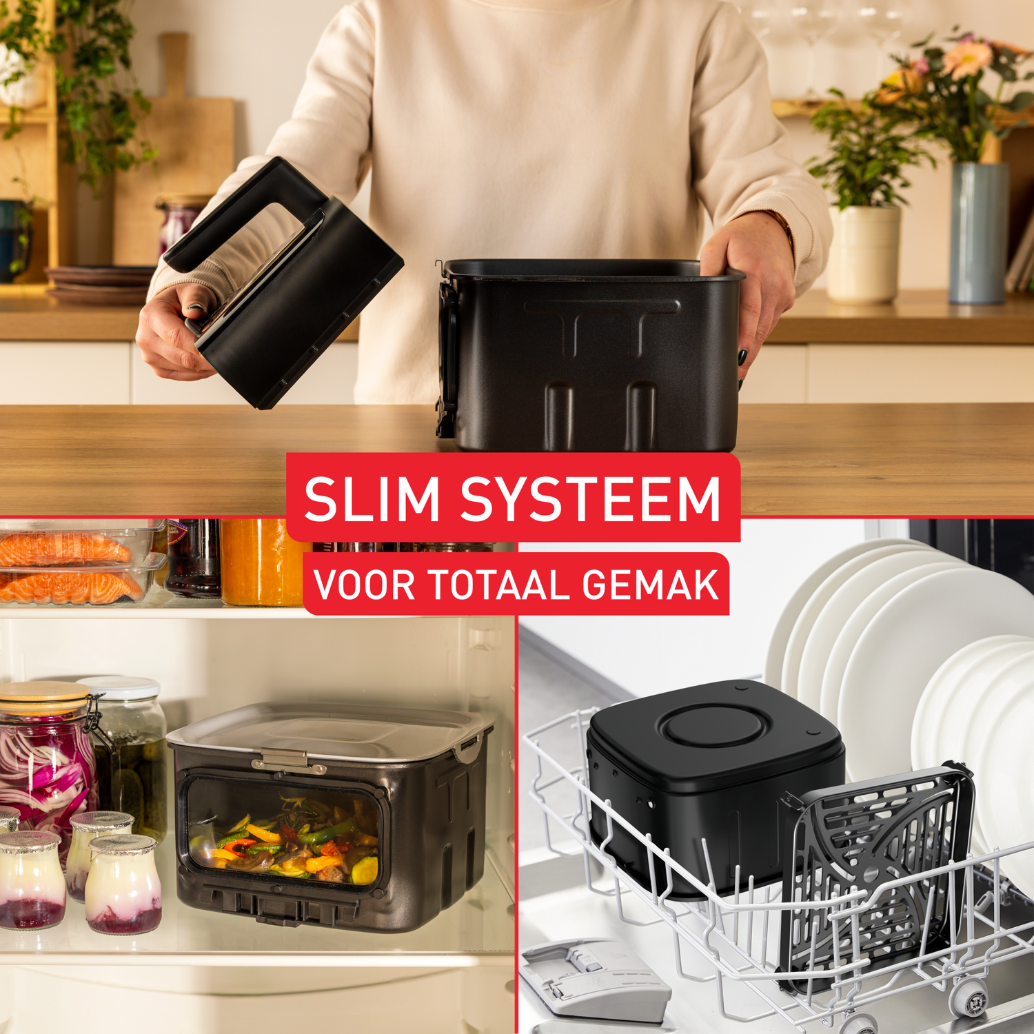 A person holding a black air fryer basket. The image also shows the air fryer in different contexts, including a refrigerator and a dishwasher.