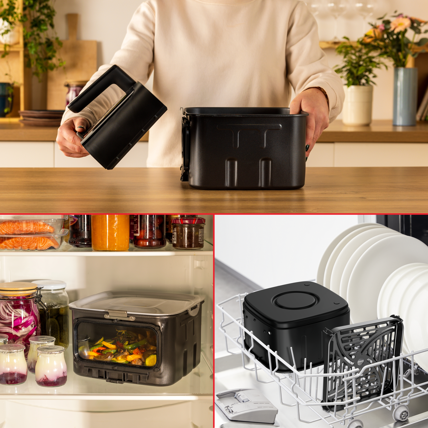 A person holding a black air fryer basket. The basket sits on a wooden countertop. Other images show the air fryer and components.