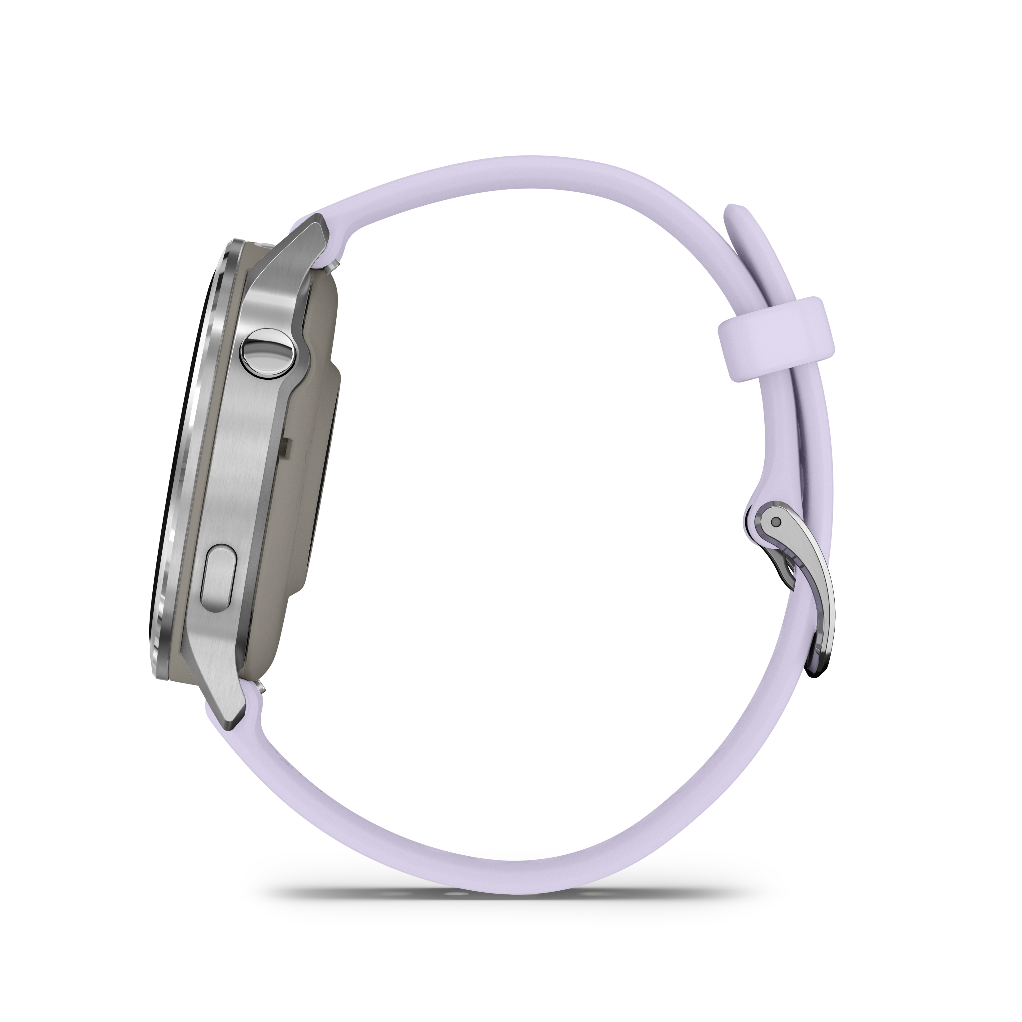 Seitenansicht einer Smartwatch mit silbernem Gehäuse und helllila Armband. Die Uhr wird auf weißem Hintergrund angezeigt.