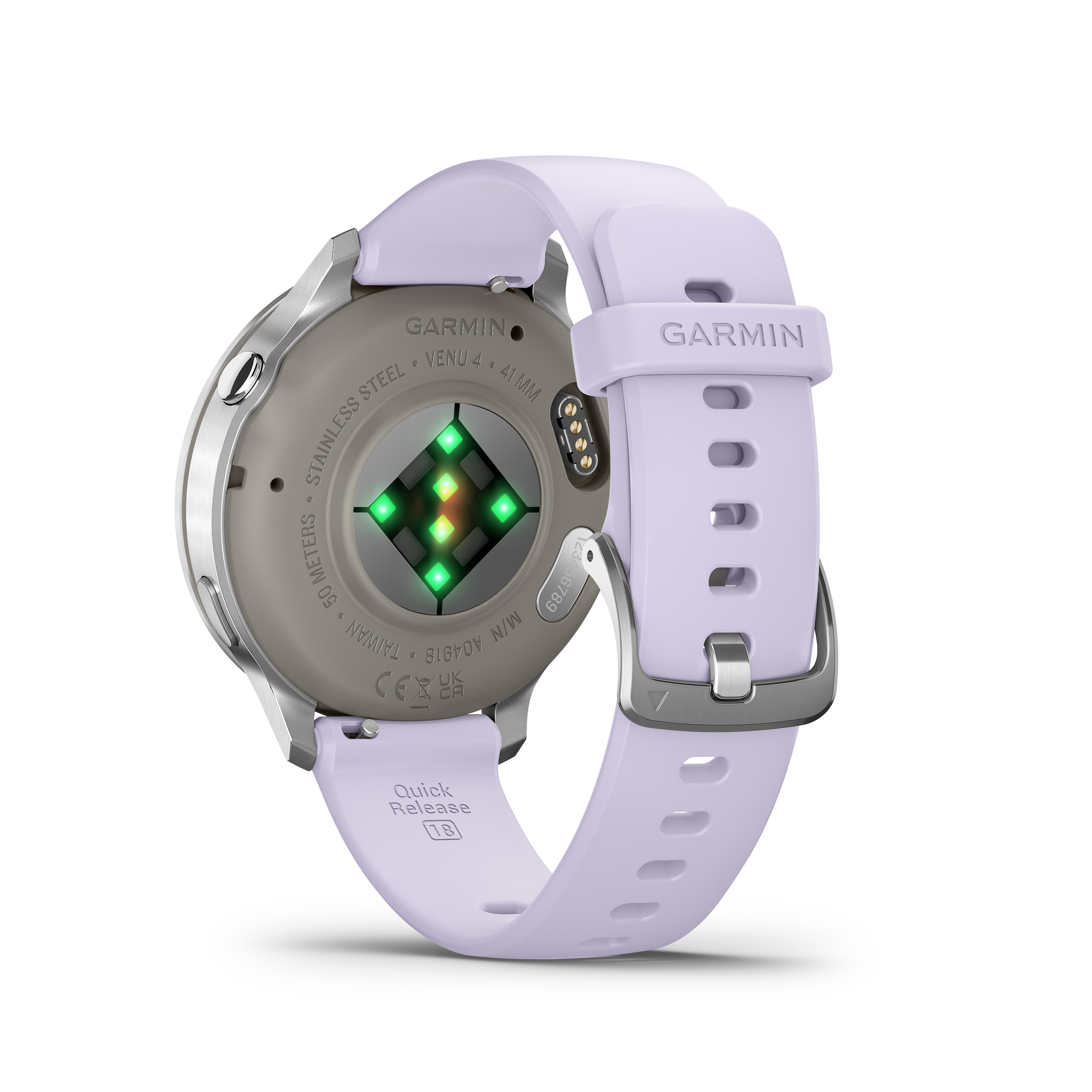 Eine Garmin Venu 4 Smartwatch. Die Uhr ist lila mit einem silbernen Gehäuse und einem helllila Armband. Die Rückseite zeigt Sensoren.