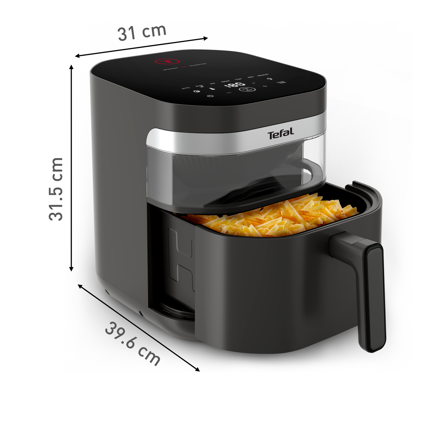 Black Tefal air fryer with a pull-out basket filled with fries. Dimensions: 31 cm x 31.5 cm x 39.6 cm. Digital display.