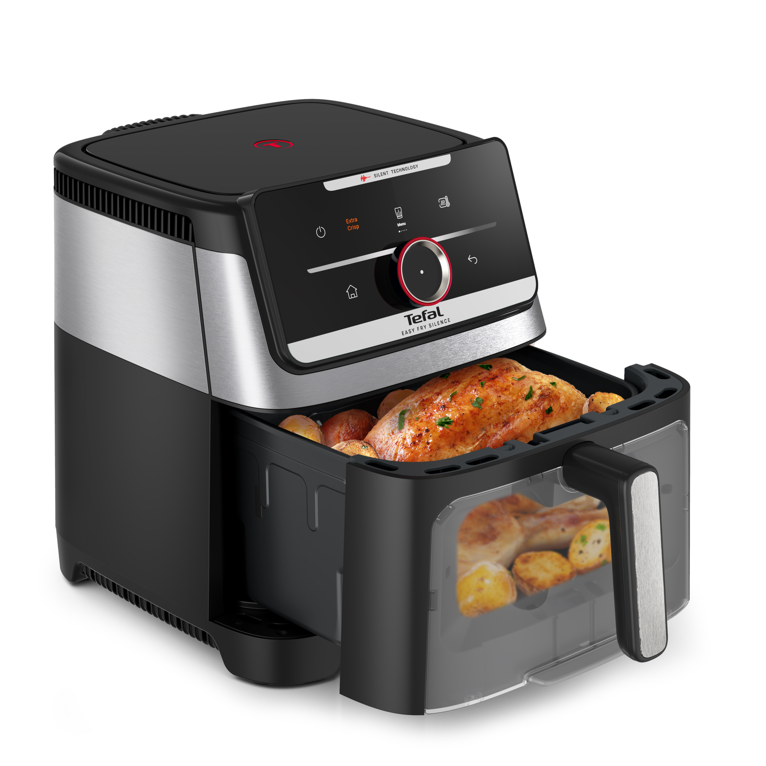 A black and silver Tefal air fryer with a cooked chicken inside. The drawer is open, showing potatoes and the food.