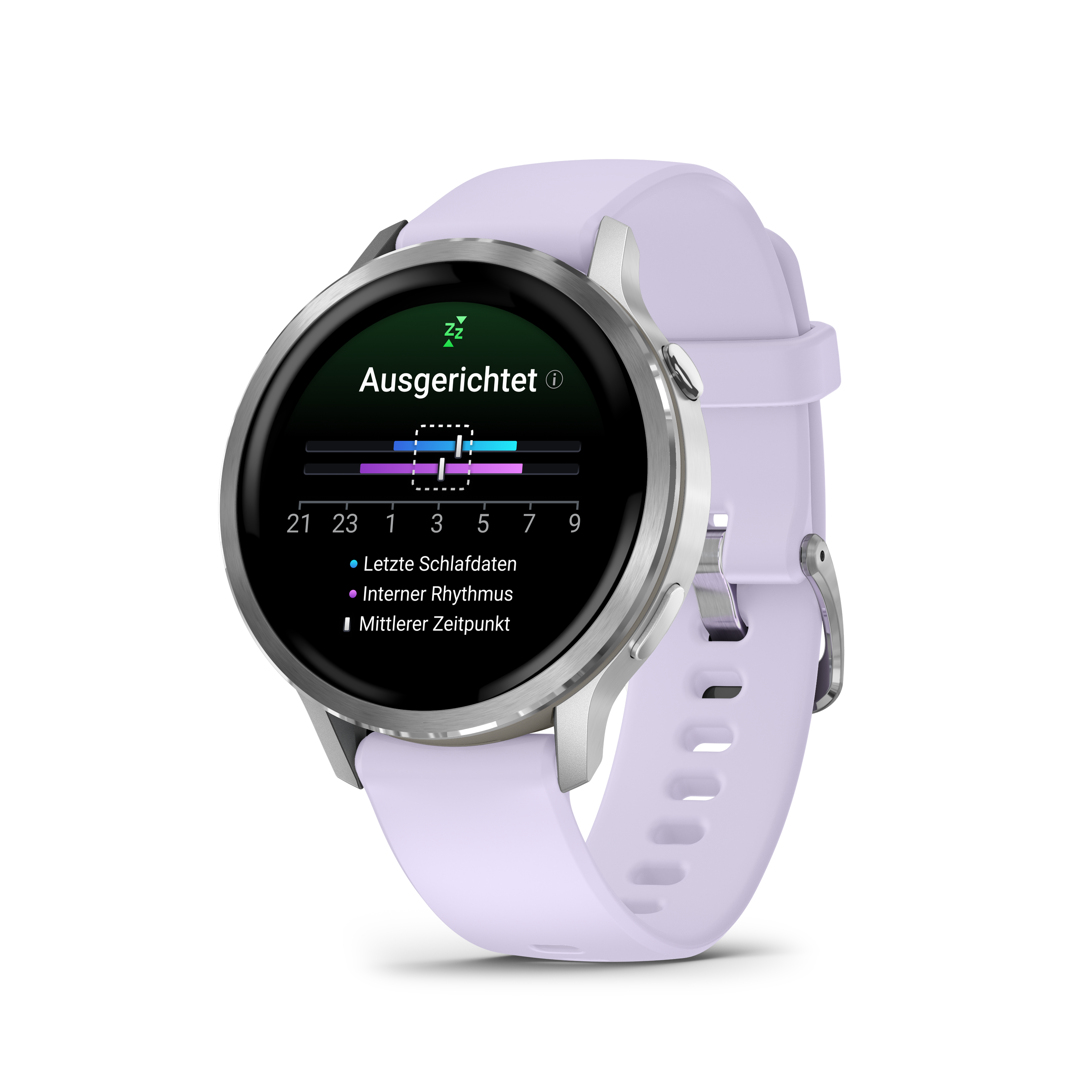Eine lavendelfarbene Smartwatch zeigt Schlafdaten an. Der Bildschirm zeigt Schlafphasen und andere Metriken vor schwarzem Hintergrund.