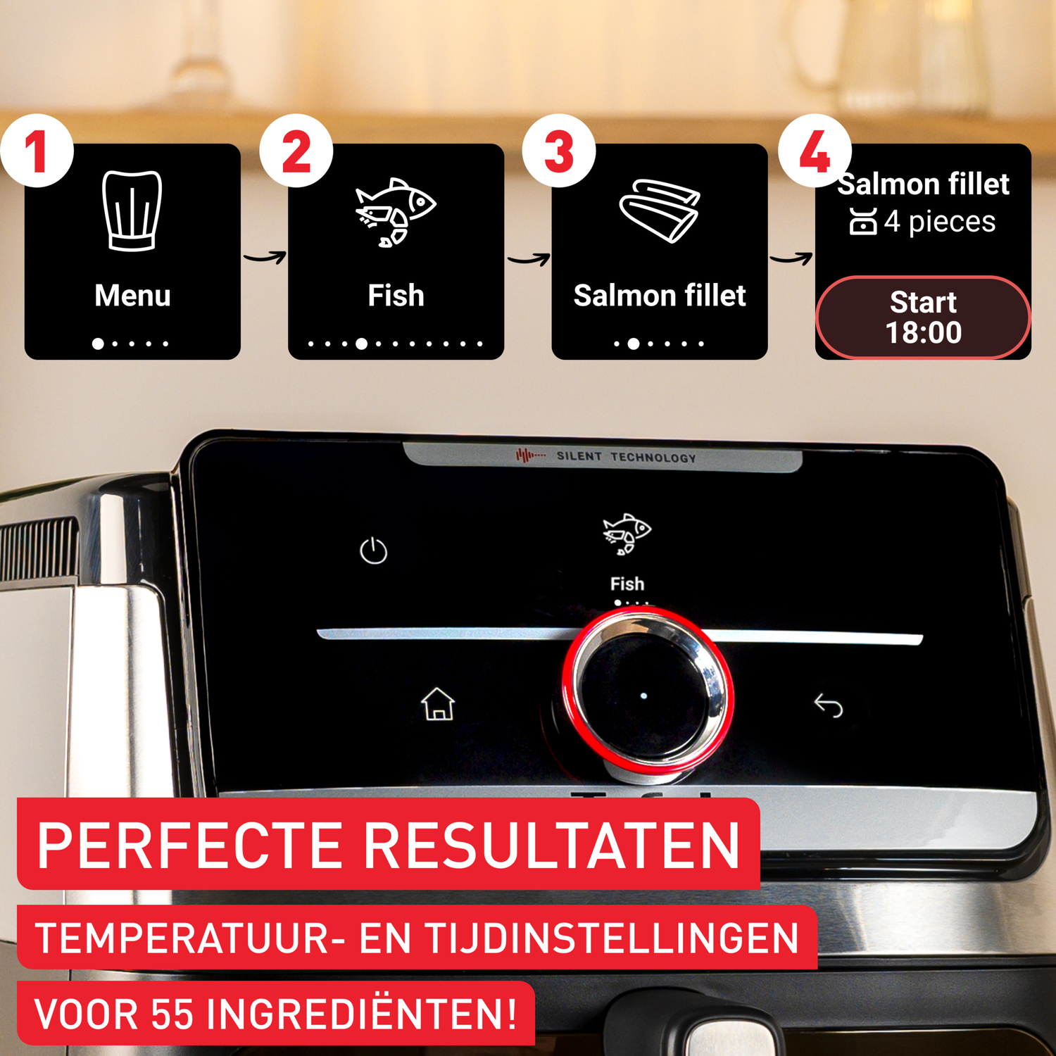 An air fryer interface displays a fish icon. Steps: Menu, Fish, Salmon fillet, and Start at 18:00. Text: Perfect results, settings.