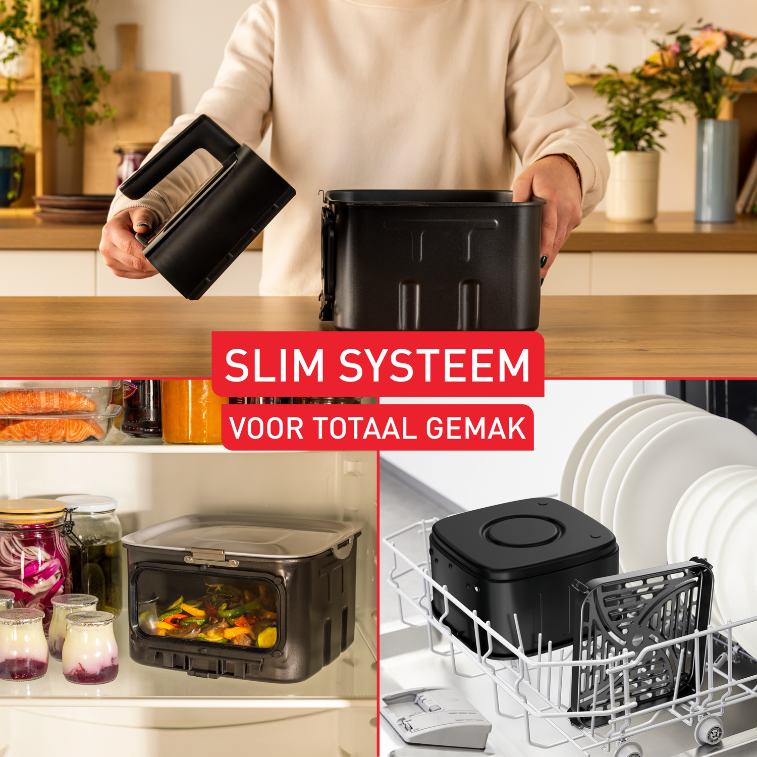 A person holding two black air fryer parts. Other images show the air fryer in use, in the fridge, and in the dishwasher.