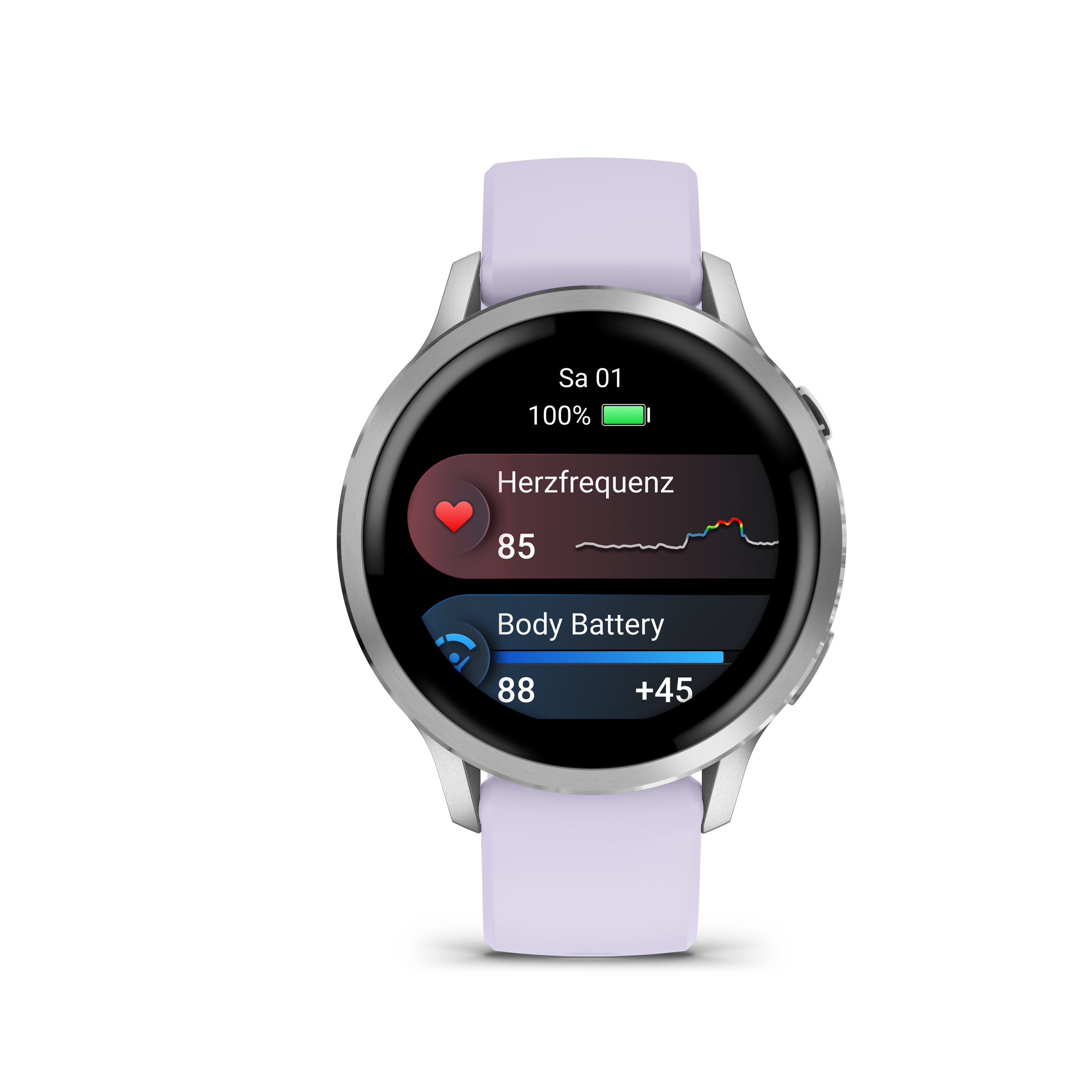 Eine Smartwatch mit schwarzem Bildschirm, der Gesundheitsmetriken anzeigt. Sie zeigt Herzfrequenz, Körperbatterie und Datum. Die Uhr ist silber.
