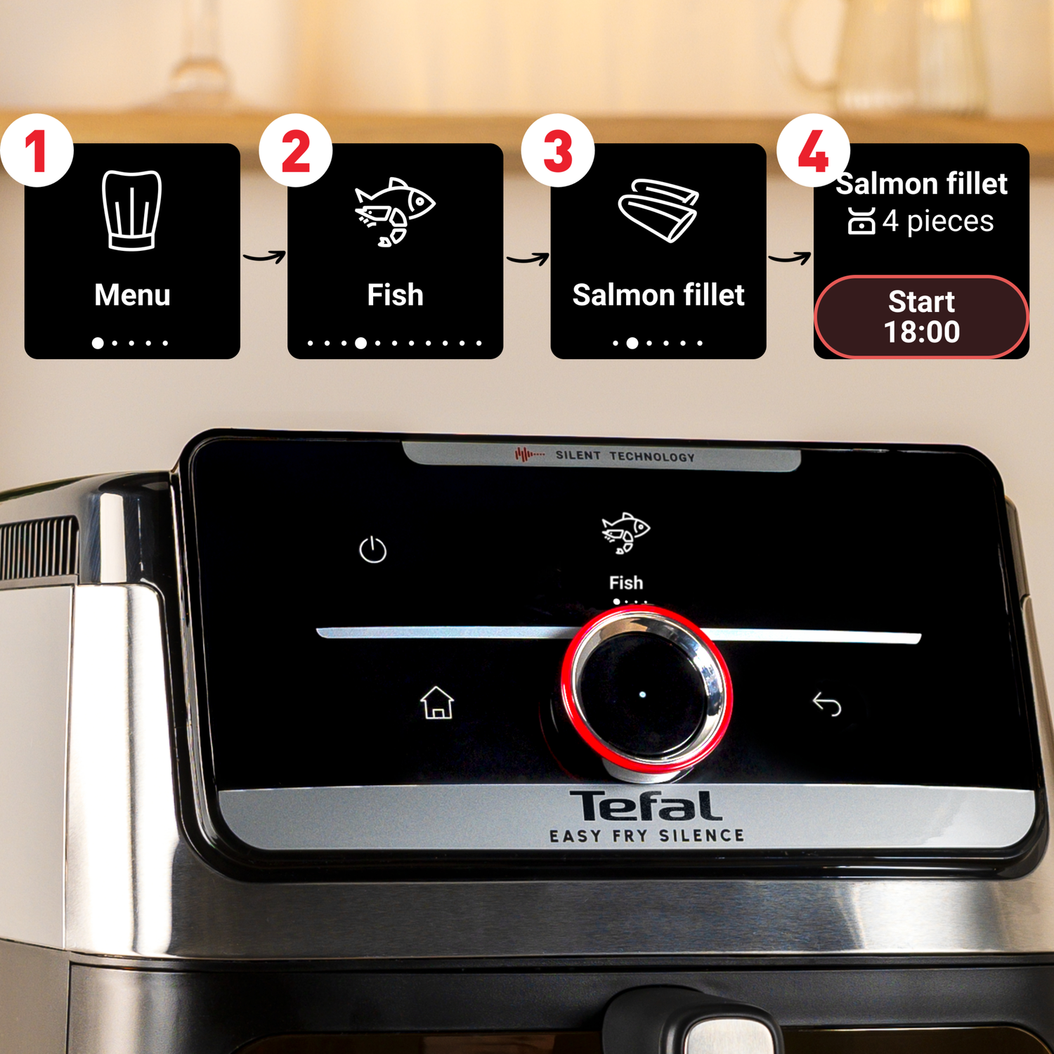 An air fryer shows the cooking steps for salmon fillet. Step 1 to 4 are menu, fish, salmon fillet, and start. The display is black.