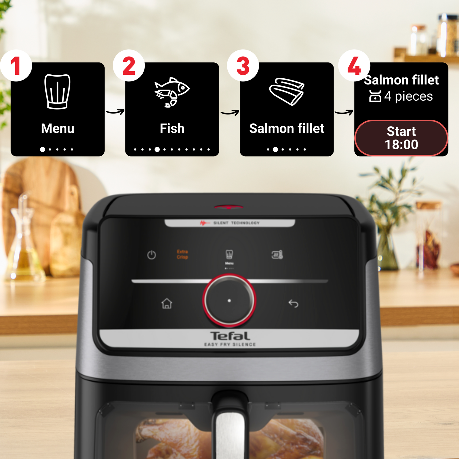 An air fryer with instructions: Menu, Fish, Salmon fillet, Start. It displays 4 salmon fillets. The start time is 18:00.