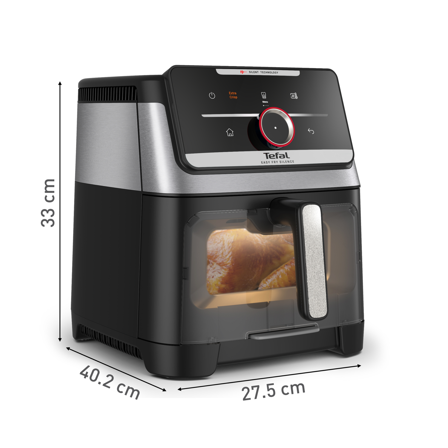 Black and silver Tefal air fryer. A chicken is visible inside. Dimensions: 33cm height, 40.2cm width, 27.5cm depth.