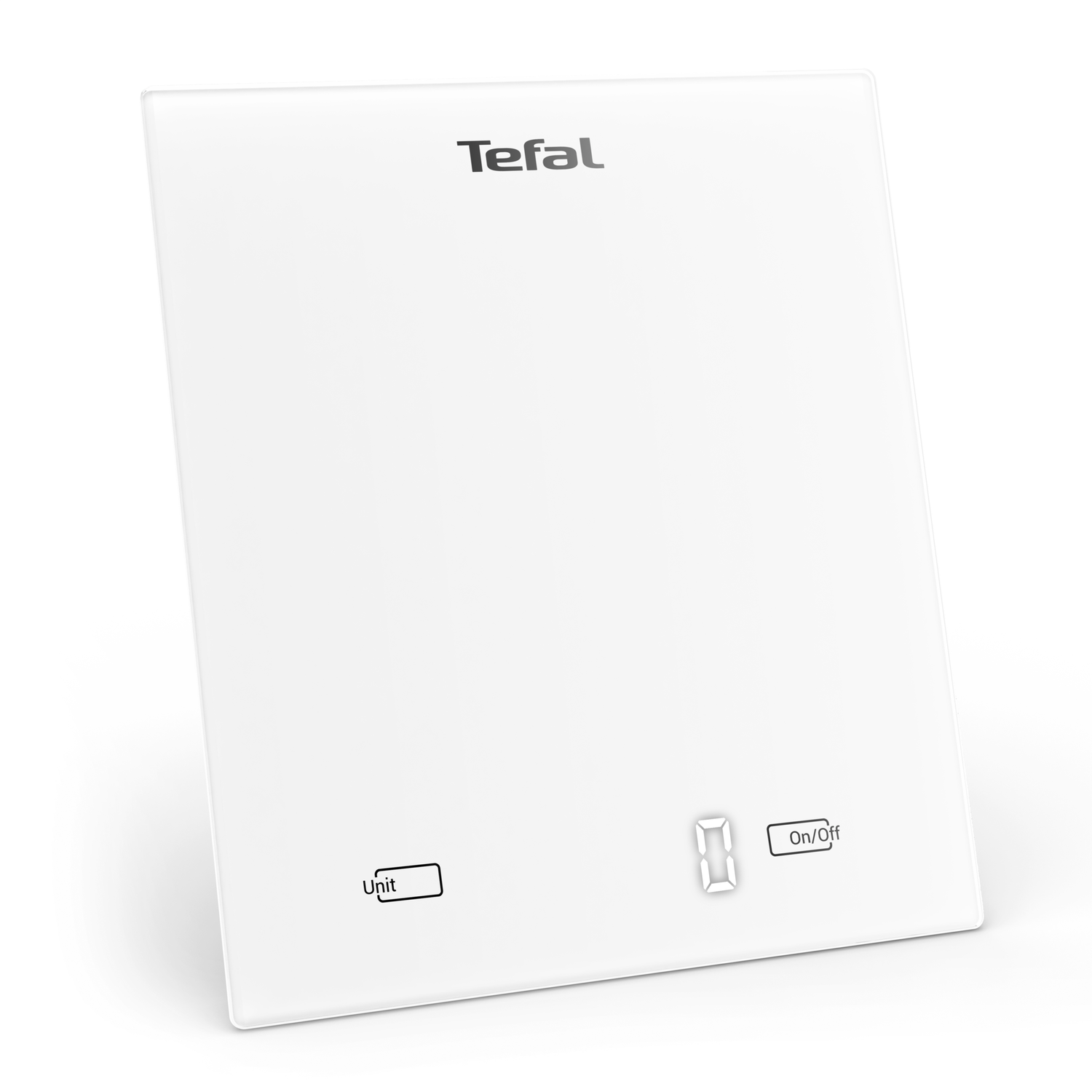 A white Tefal kitchen scale. It has an on/off button and a unit button. The digital display shows '0'.