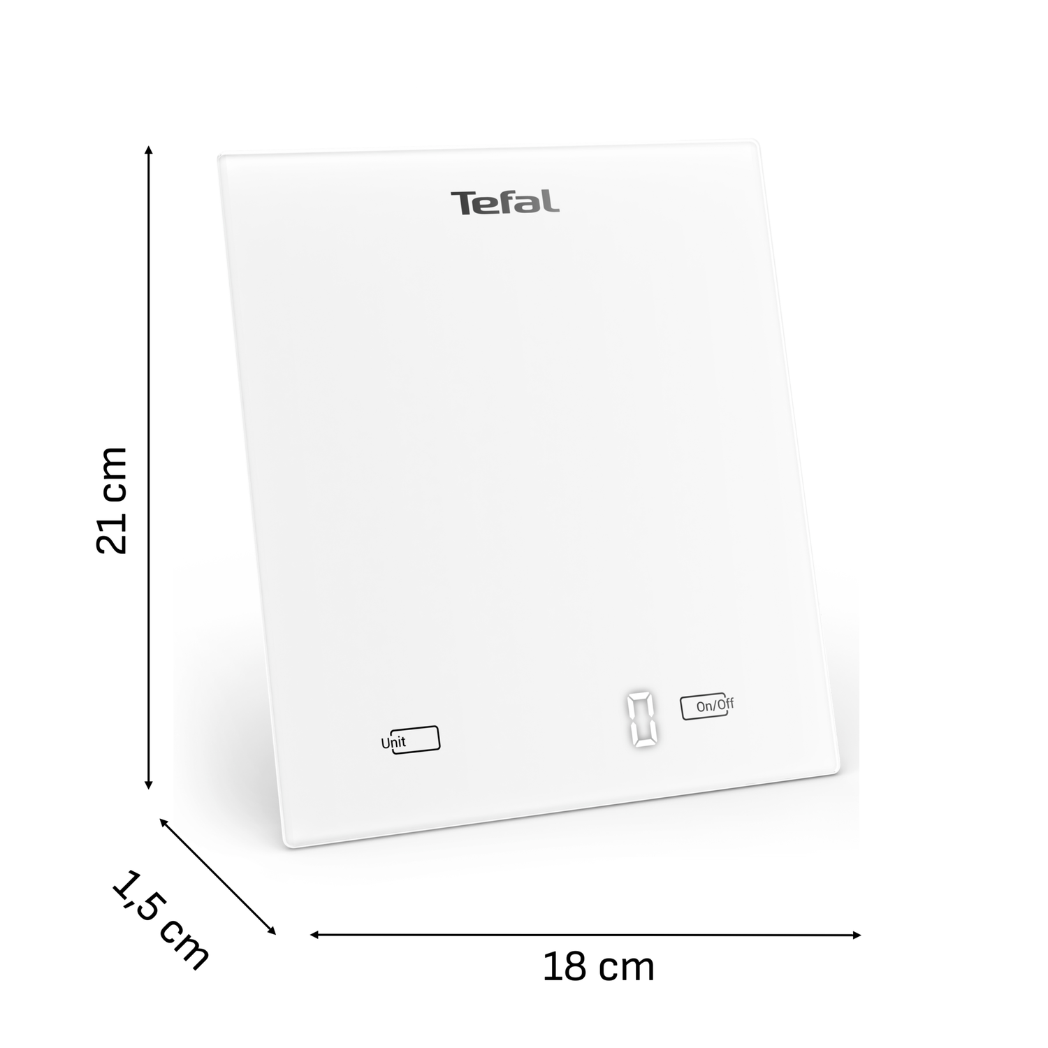 A white Tefal kitchen scale. It is rectangular with a digital display. Measurements are shown: 21cm high, 18cm wide, and 1.5cm thick.