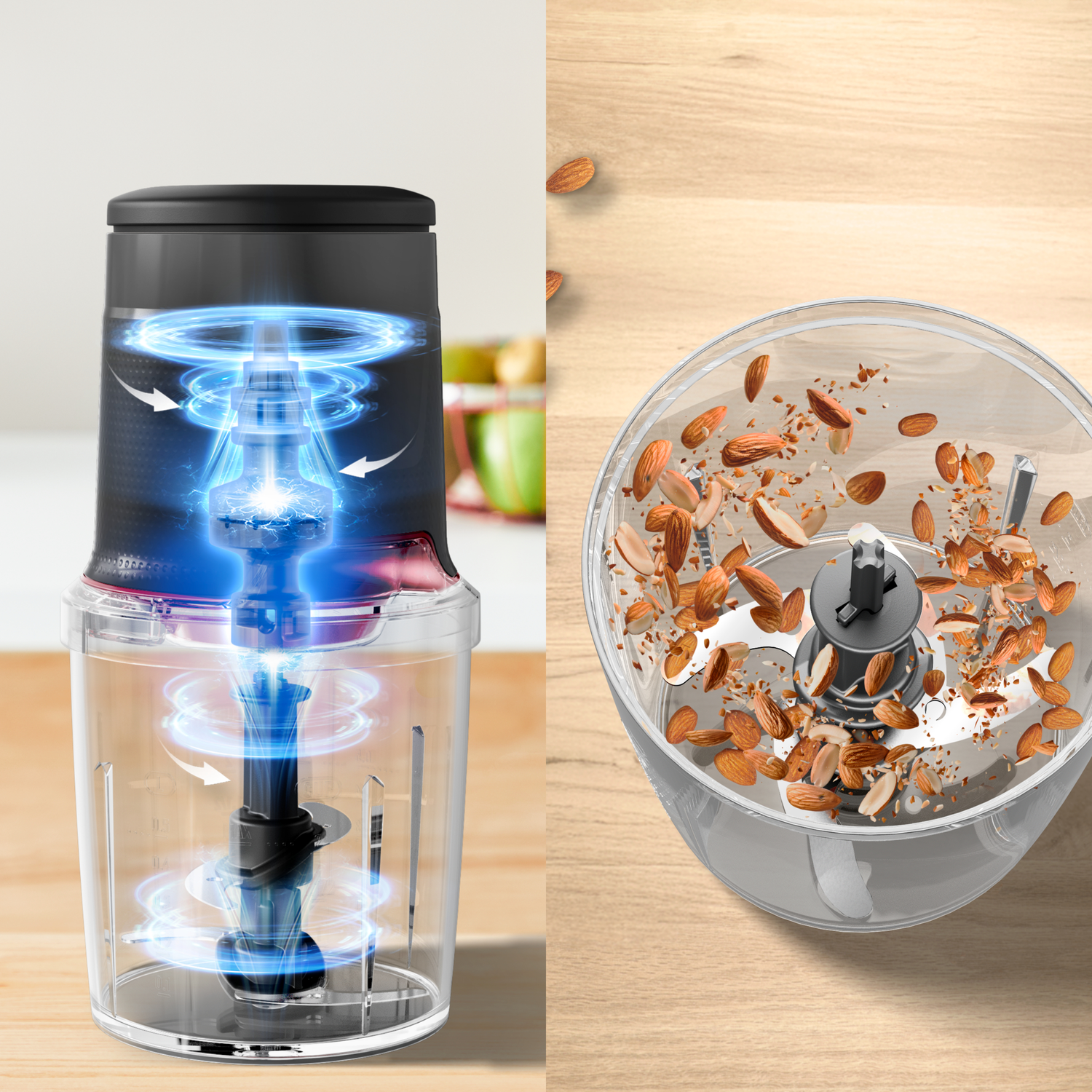 A food processor with blue energy lines. Almonds are being chopped in the container. The blade is visible. The base is on wood.
