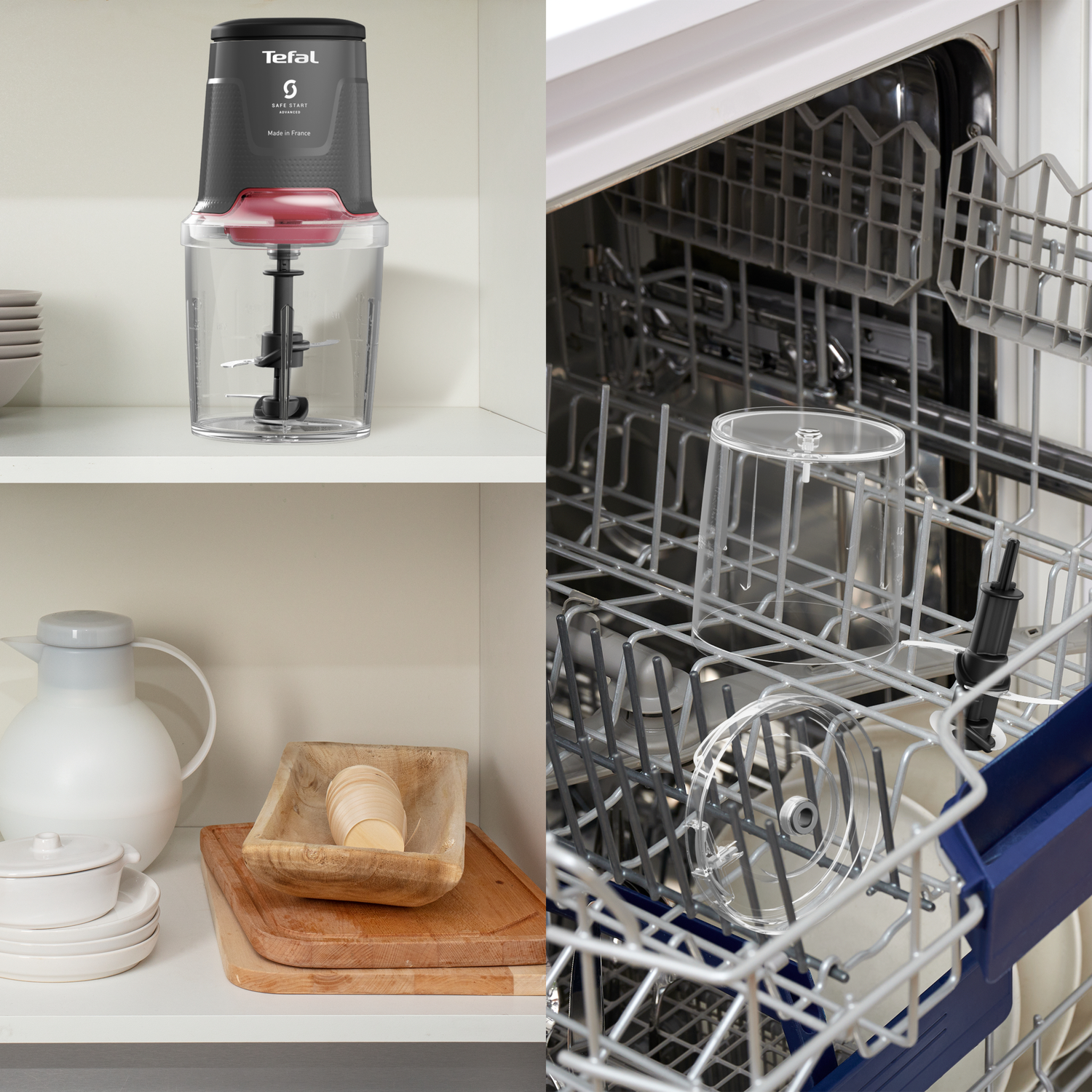 A food processor on a shelf, with a white pitcher, bowls, and cutting boards. A dishwasher with a clear container is on the right.