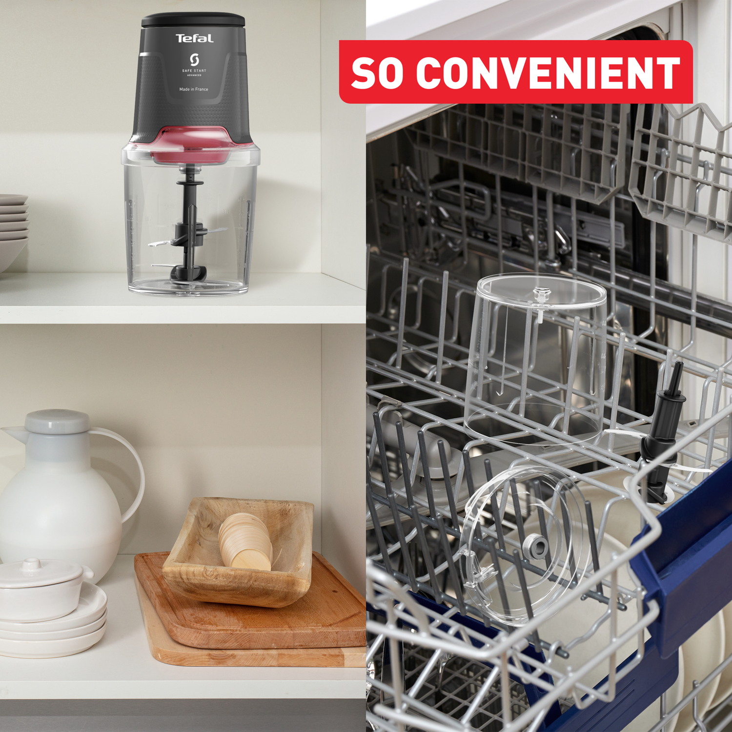 A food processor is on a shelf. Parts of it are in a dishwasher. Other kitchen items like a pitcher and cutting boards are also present.