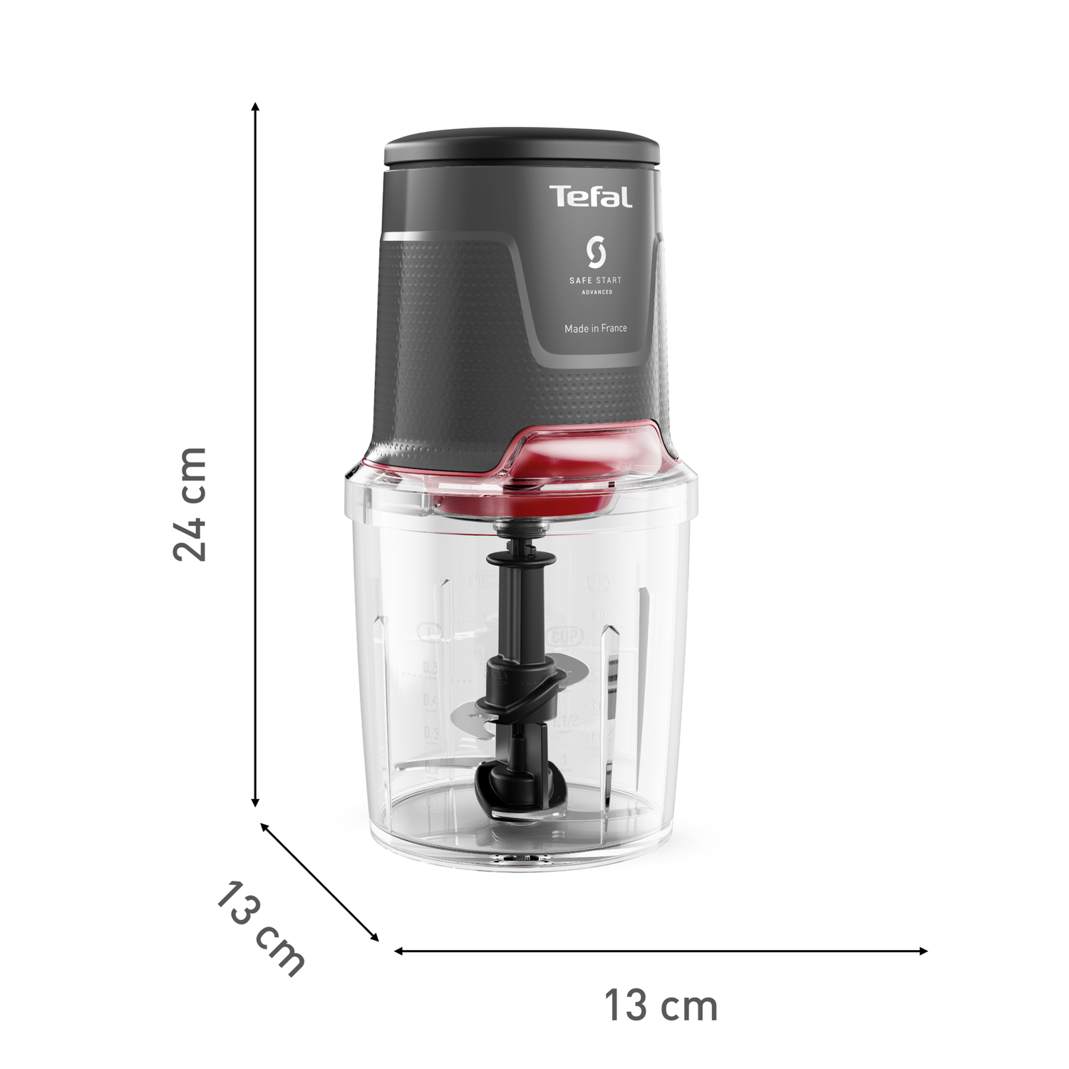 A Tefal food chopper with a black and red body, transparent container, and a blade. Dimensions: 24cm high and 13cm wide.