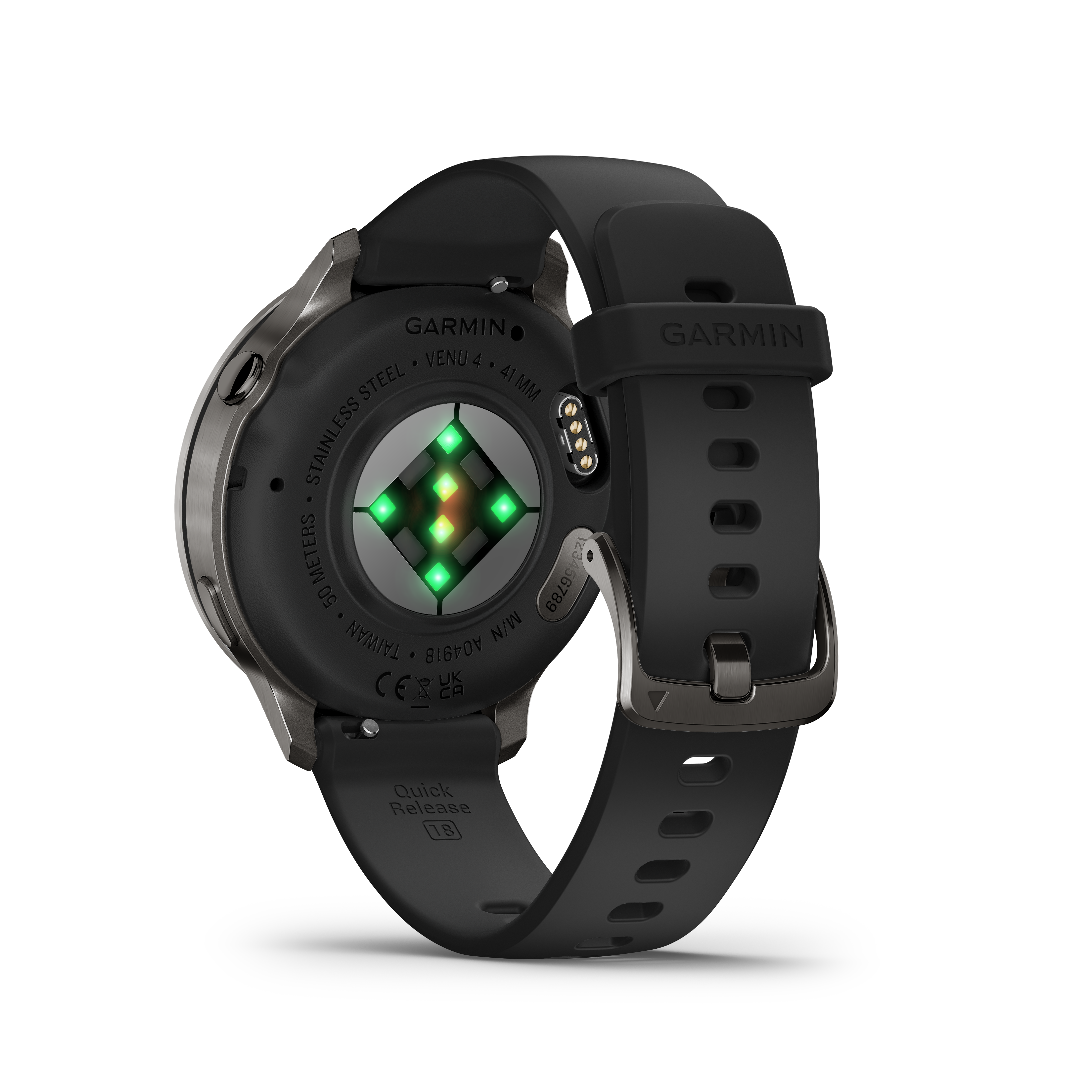 Schwarze Garmin Venu 4 Smartwatch, Edelstahlgehäuse, schwarzes Armband und grüne Sensorlichter.