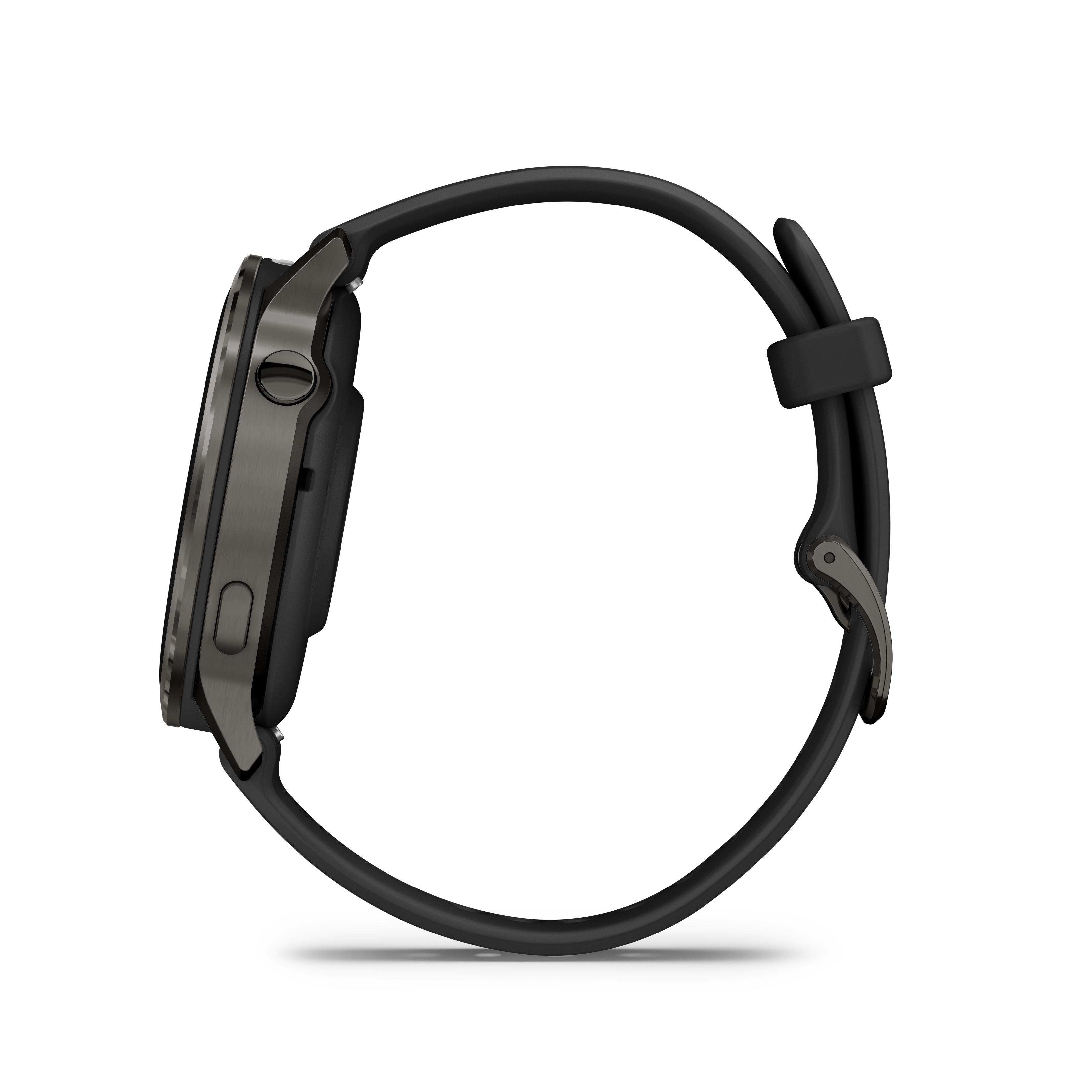 Seitenansicht einer schwarzen Smartwatch mit dunklem Metallgehäuse und schwarzem Armband, vor weißem Hintergrund.