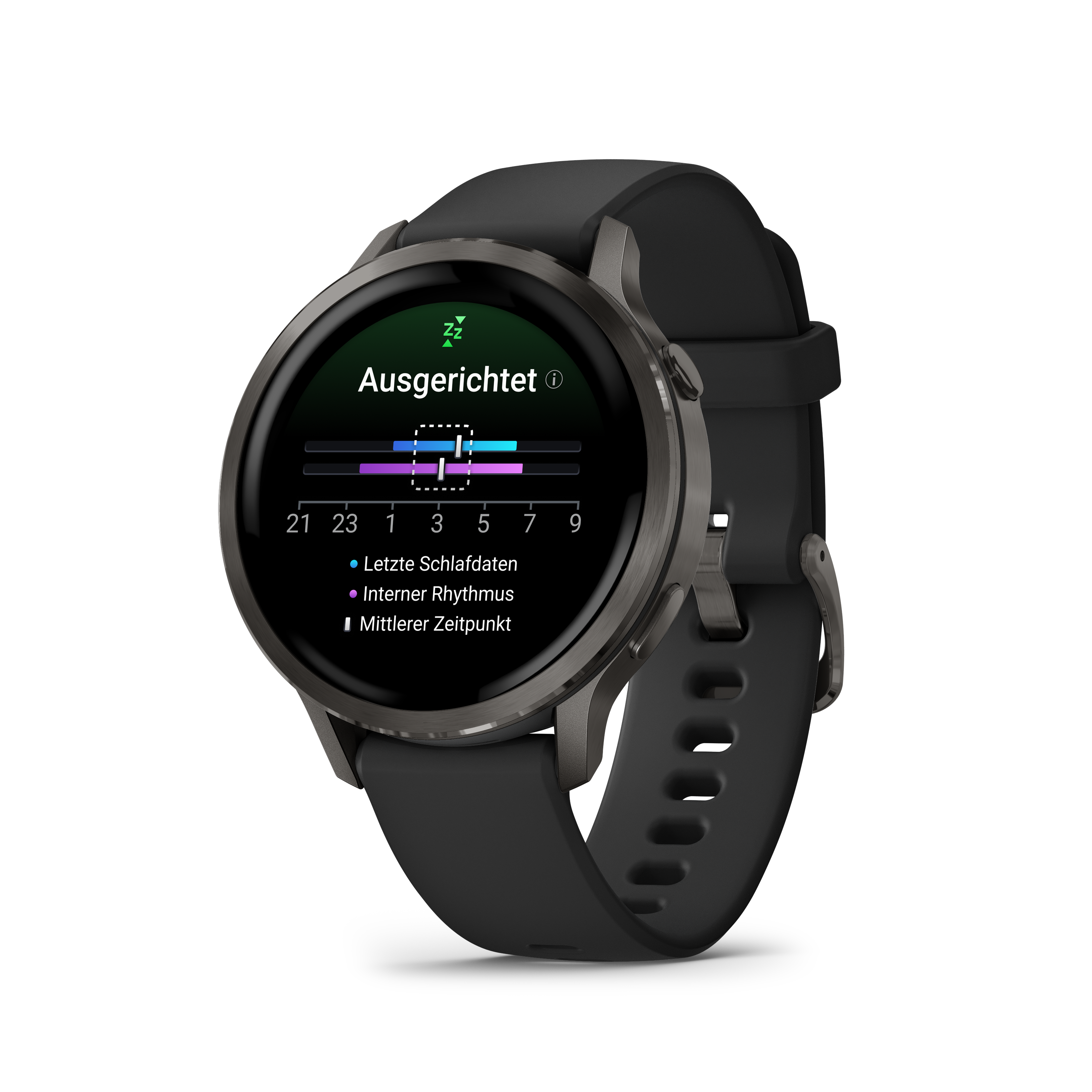 Eine schwarze Smartwatch mit Schlafdaten auf dem Bildschirm. Die Uhr befindet sich auf schwarzem Hintergrund.