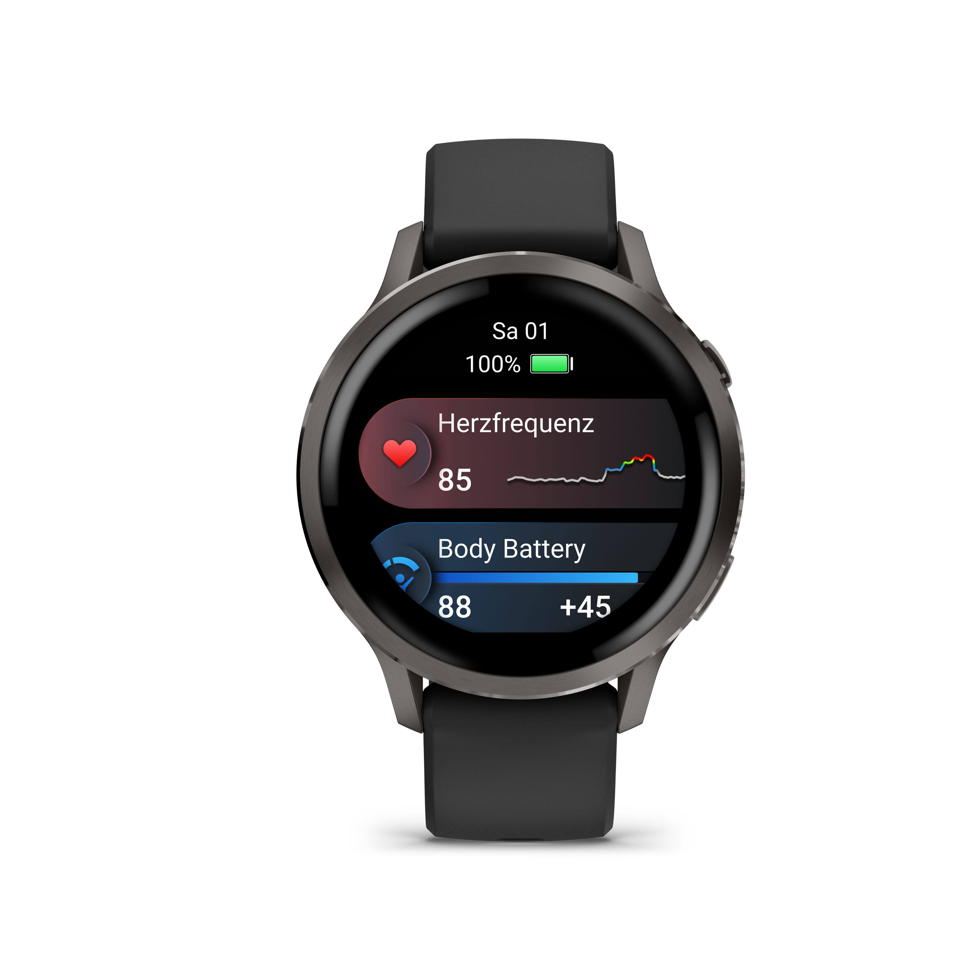 Smartwatch zeigt Herzfrequenz und Körperbatteriestatistiken an. Schwarzer Hintergrund, die Uhr ist grau mit schwarzem Armband.