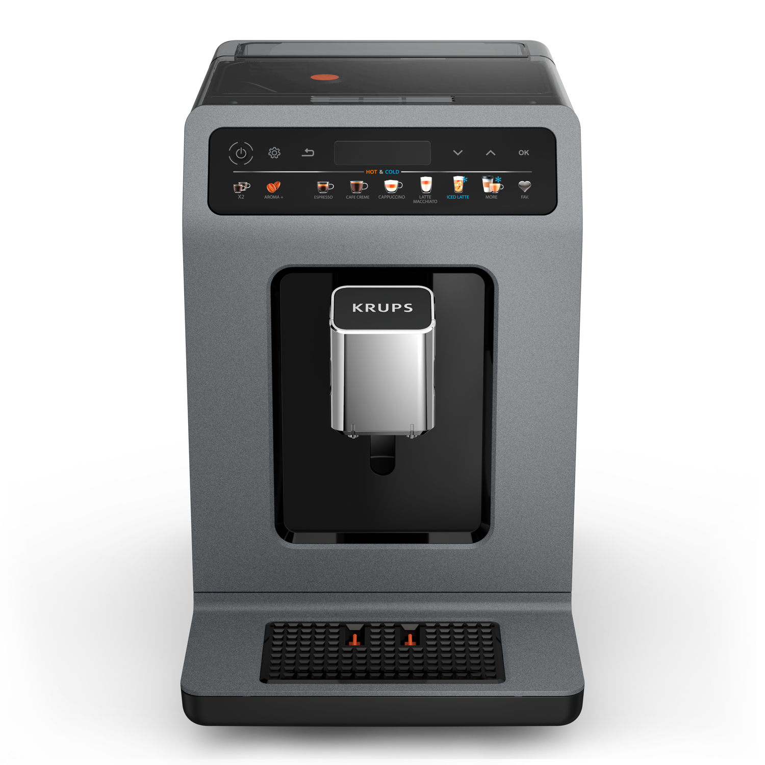 A grey and black Krups coffee machine. It has several buttons for different coffee types and a chrome spout.
