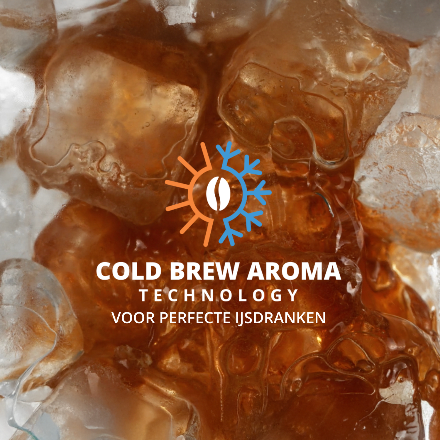Close-up of iced coffee with ice cubes and a logo. Text: Cold Brew Aroma Technology. For perfect iced drinks.