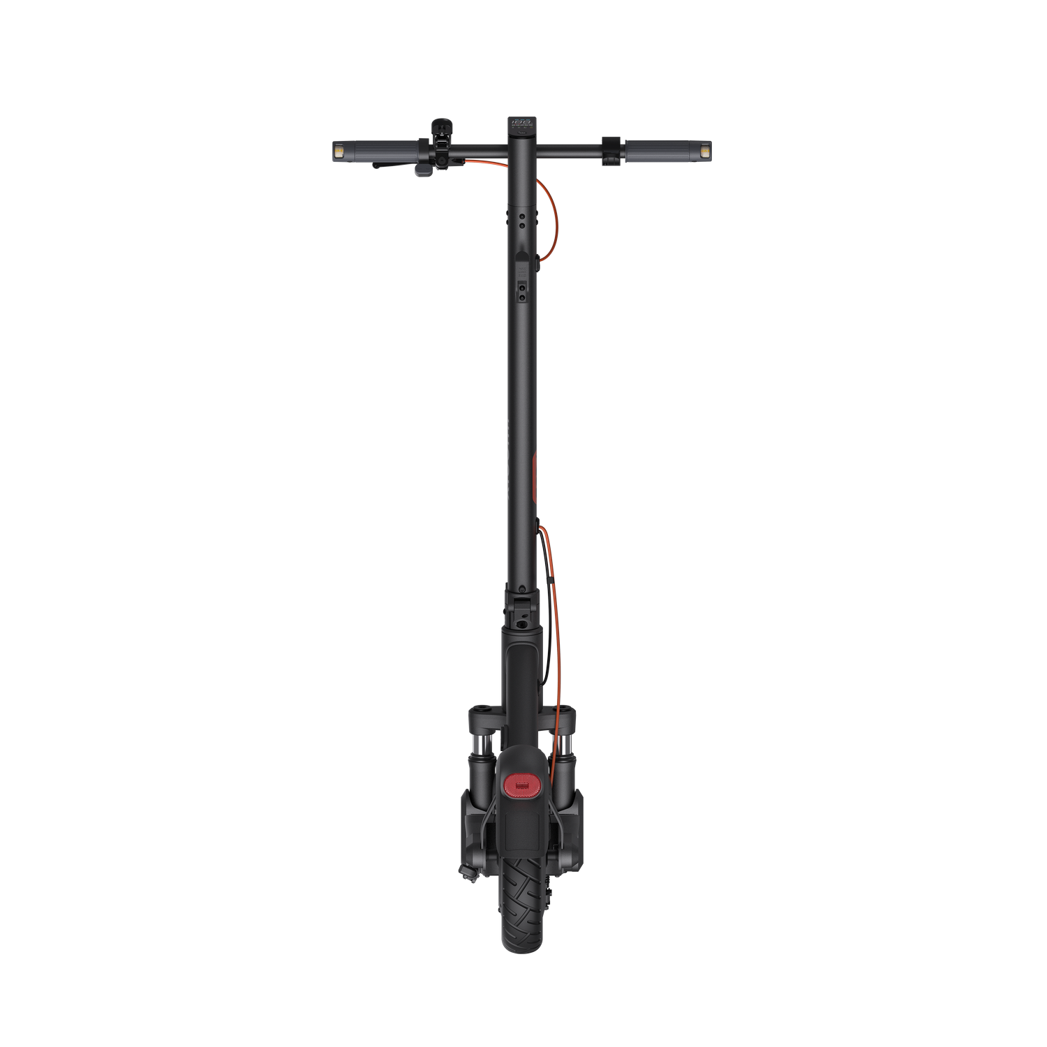 Un patinete eléctrico negro centrado sobre fondo gris. Tiene manillar, mástil, plataforma y una rueda delantera.