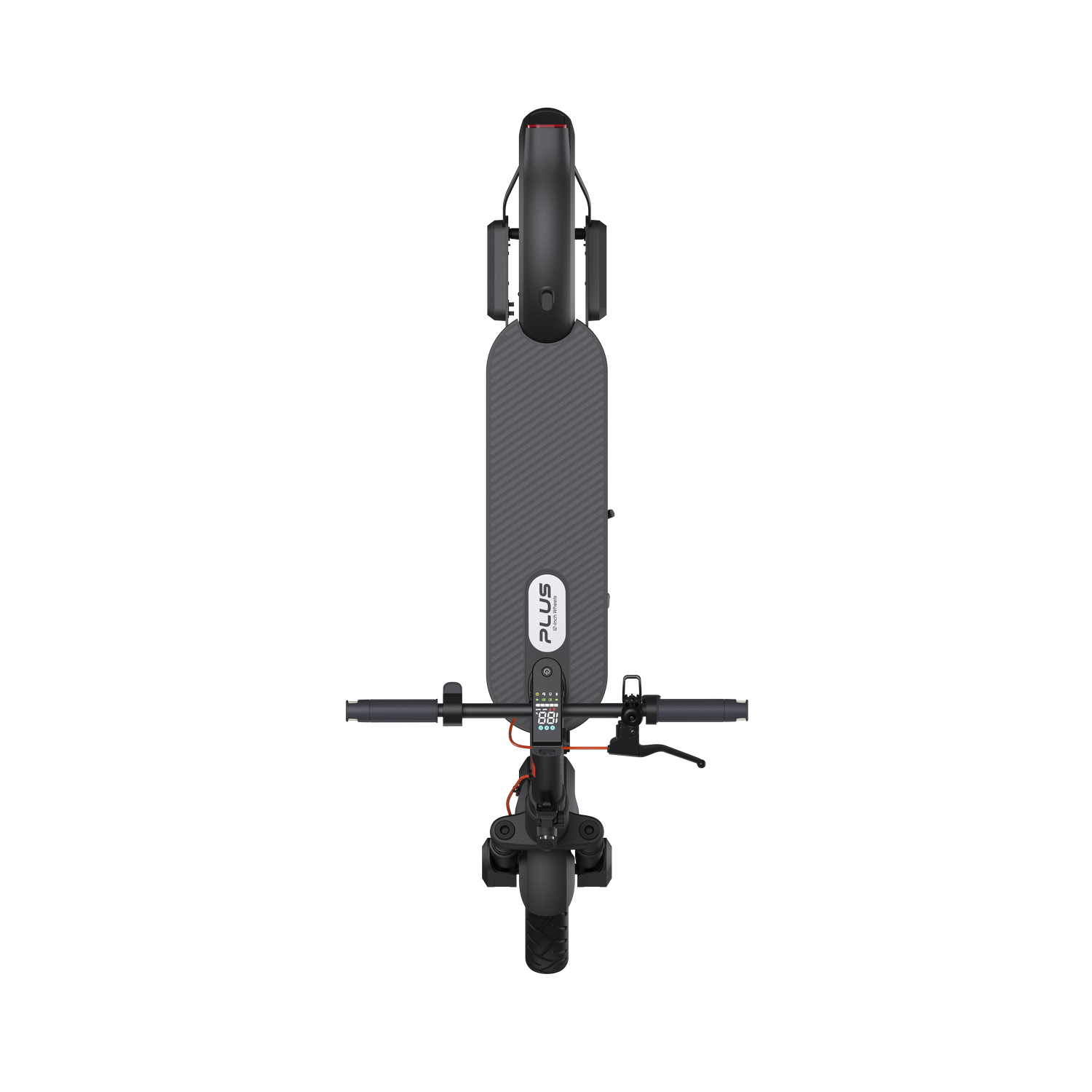 Vista cenital de un patinete eléctrico negro sobre un fondo gris. El patinete tiene una plataforma texturizada, manillar y una pequeña pantalla.