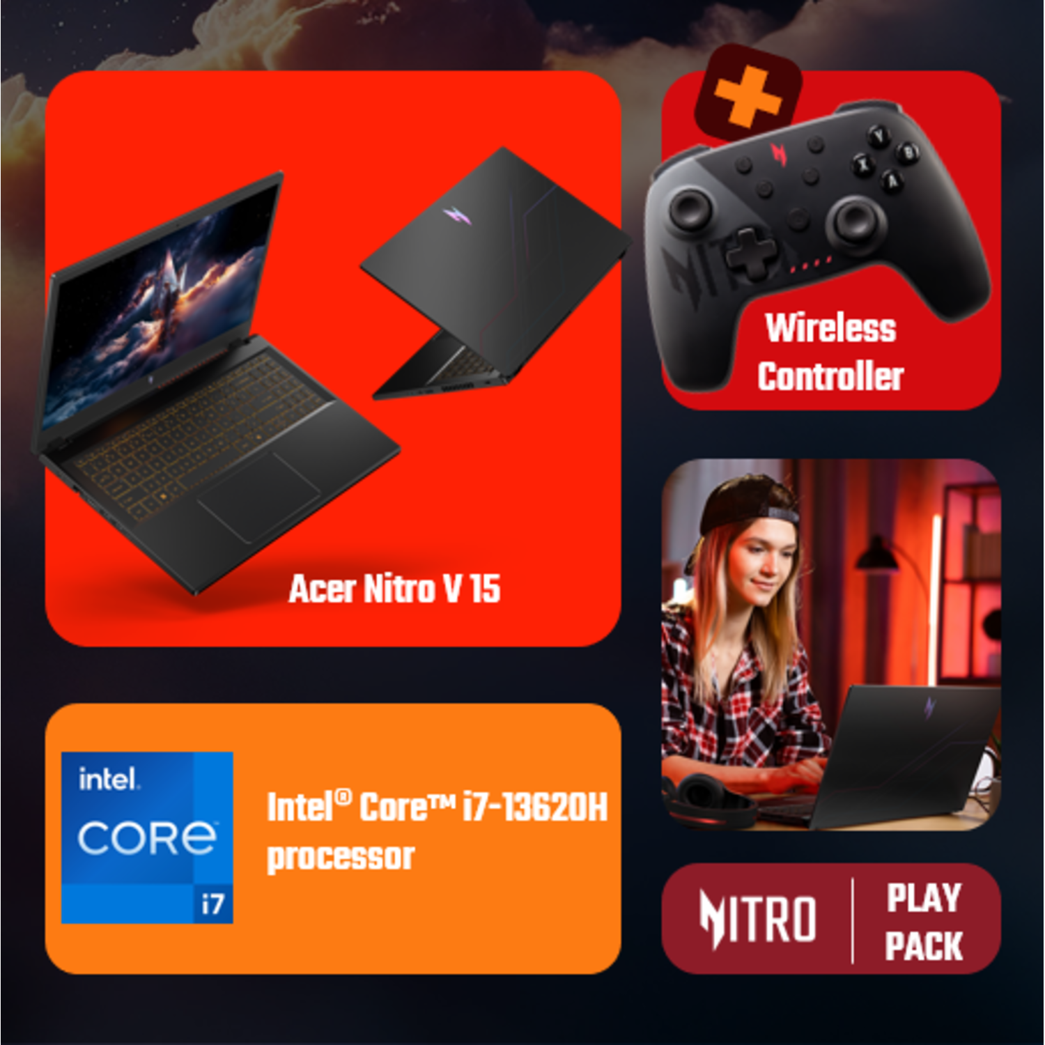 Een advertentie toont een Acer Nitro V 15 laptop, een draadloze controller en een Intel Core i7 processor. Een vrouw gebruikt een vergelijkbare laptop.
