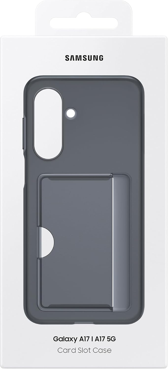 Samsung Galaxy A17/A17 5G Kartenfachhülle. Dunkelgraue Handyhülle in weißer Verpackung. Die Hülle hat Kamera- und Kartenfachausschnitte.