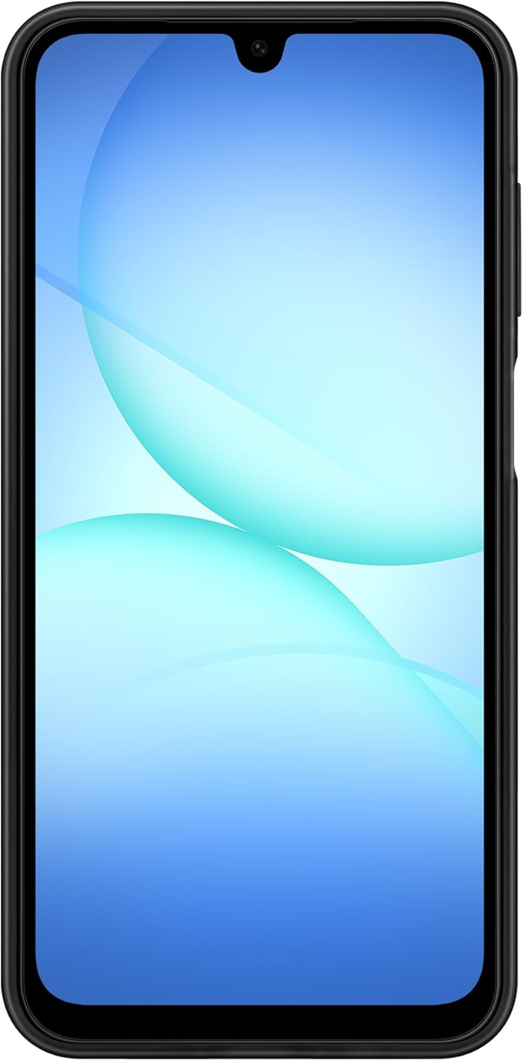 Smartphone-Bildschirm mit blauem und weißem abstraktem Design. Das Telefon ist schwarz.