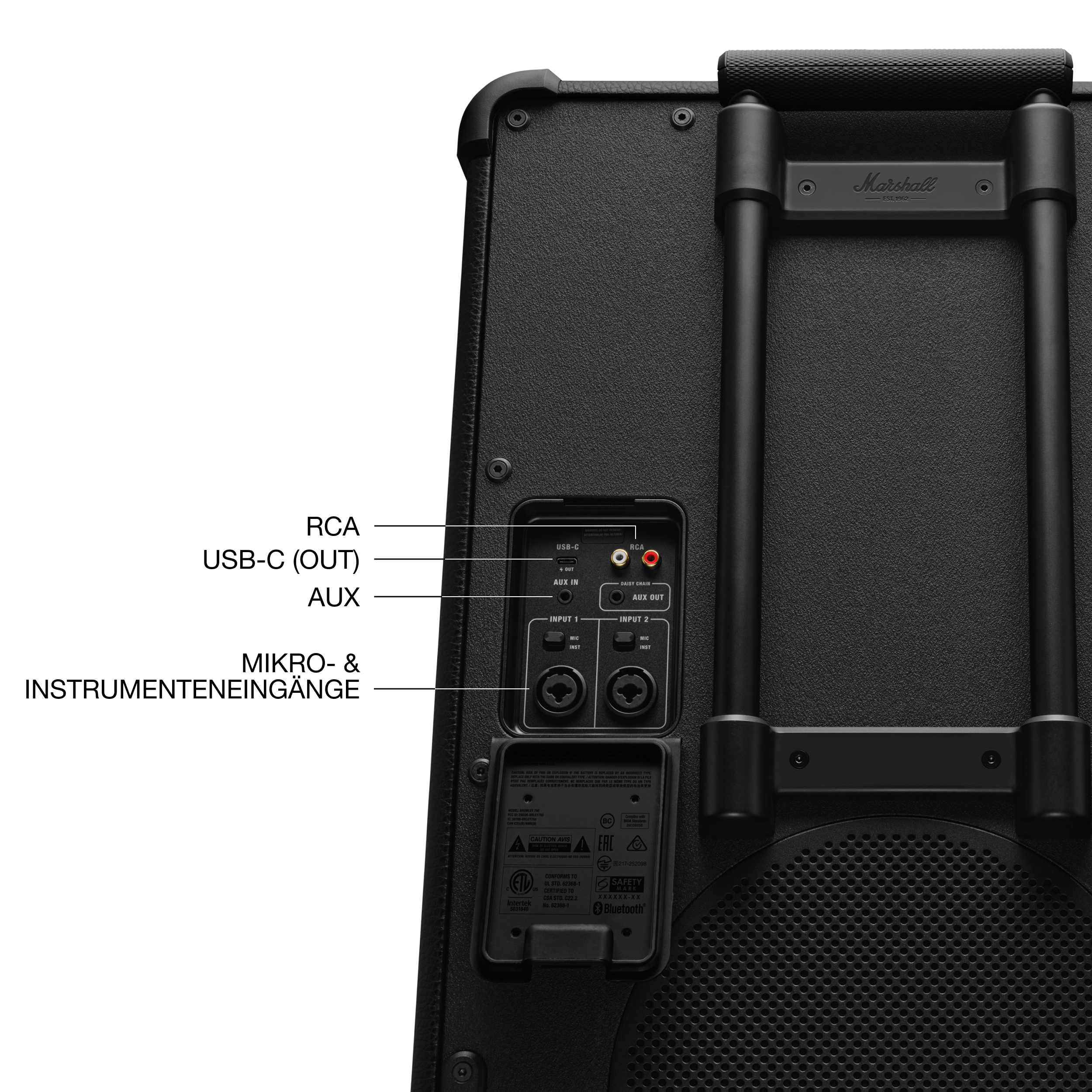 Schwarze Lautsprecherrückseite mit Ein- und Ausgängen und Griff. Enthält Bluetooth, USB-C, RCA und Aux-Anschlüsse.