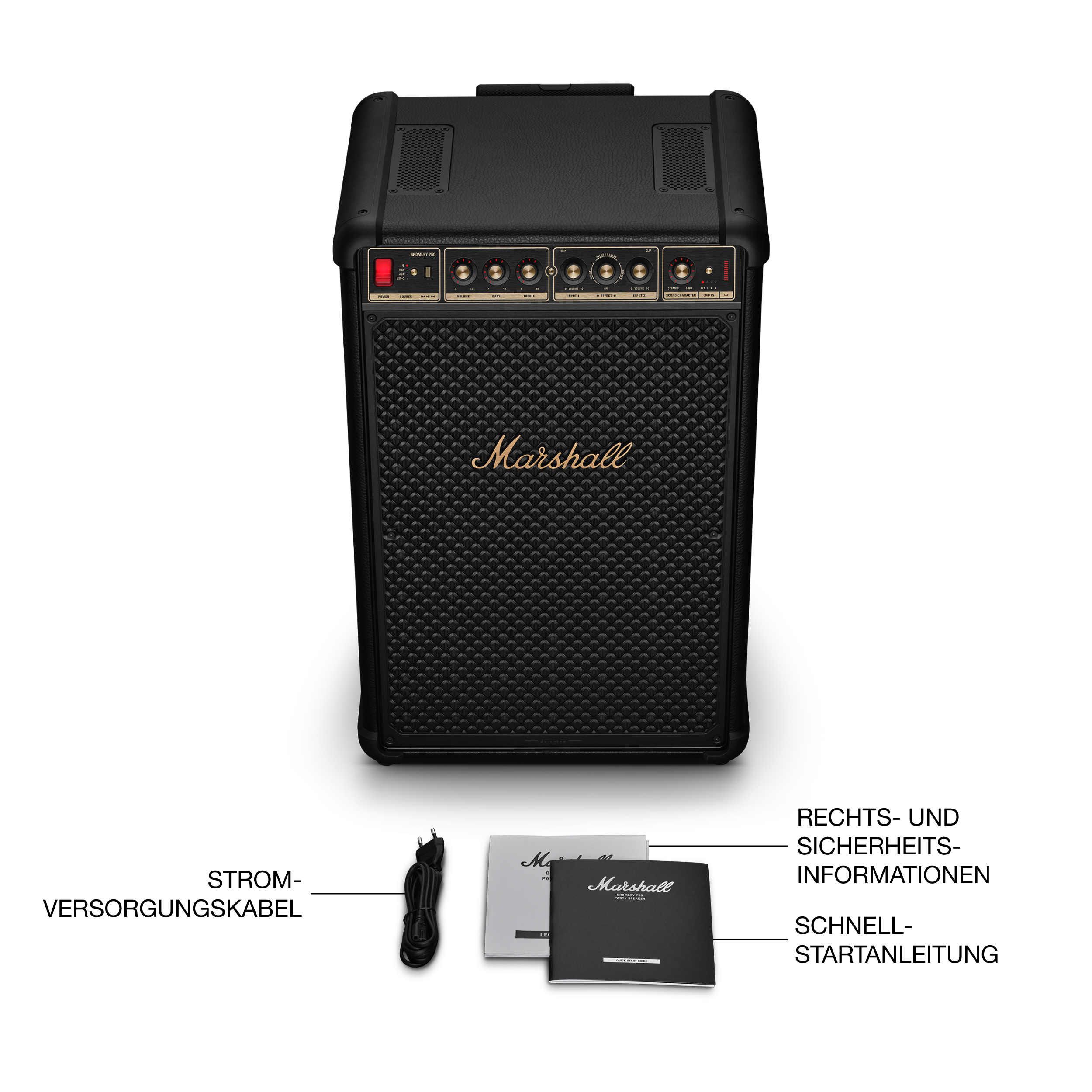 Ein schwarzer Marshall-Gitarrenverstärker, ein Netzkabel und Handbücher liegen auf einer weißen Oberfläche. Der Verstärker hat goldene Akzente.
