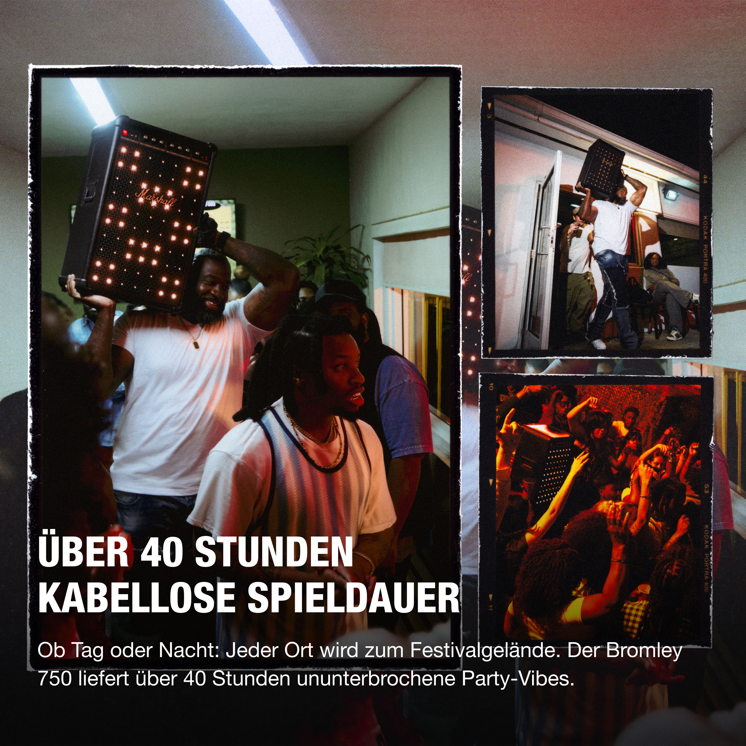 Bild zeigt Menschen mit einem Marshall-Lautsprecher auf einer Party. Text sagt 'über 40 Stunden kabellose Spielzeit'.