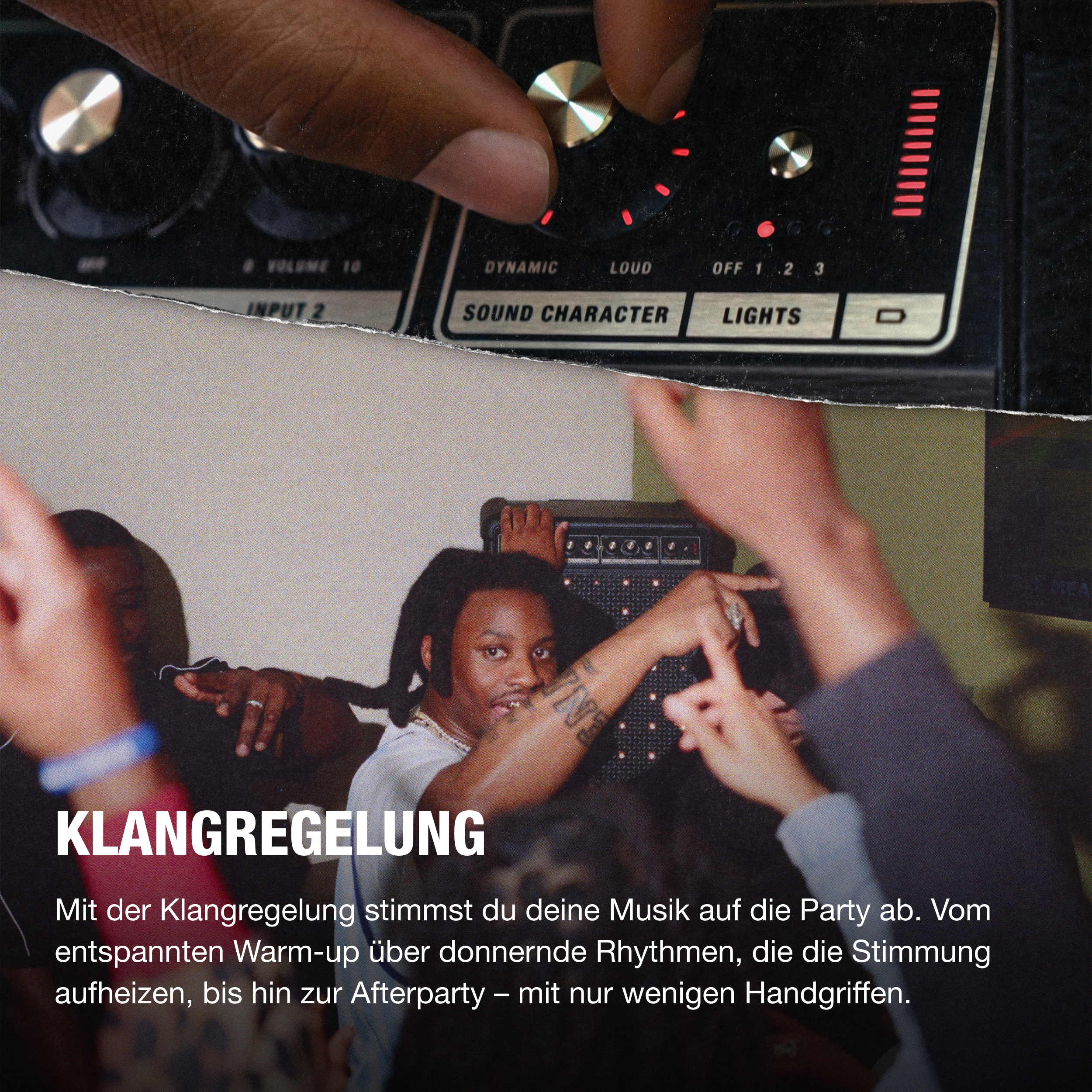 Eine Person stellt einen Soundmixer ein. Andere Personen sind im Hintergrund. Text auf Deutsch ist ebenfalls vorhanden.