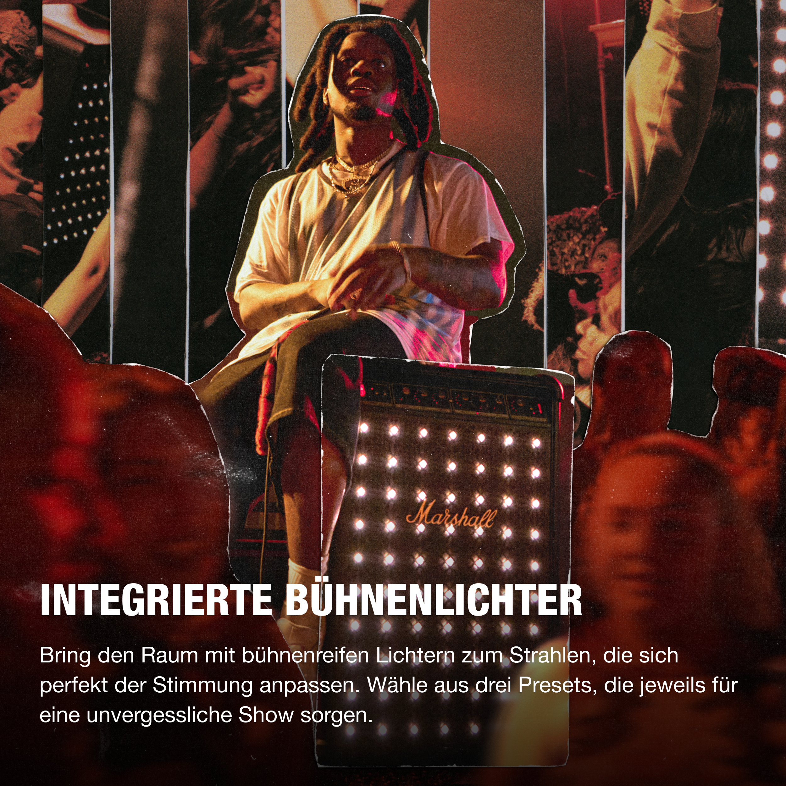 Ein Mann sitzt auf einem Hocker, darunter ein Marshall-Verstärker. Das Bild ist eine Collage mit integriertem Bühnenlichttext.