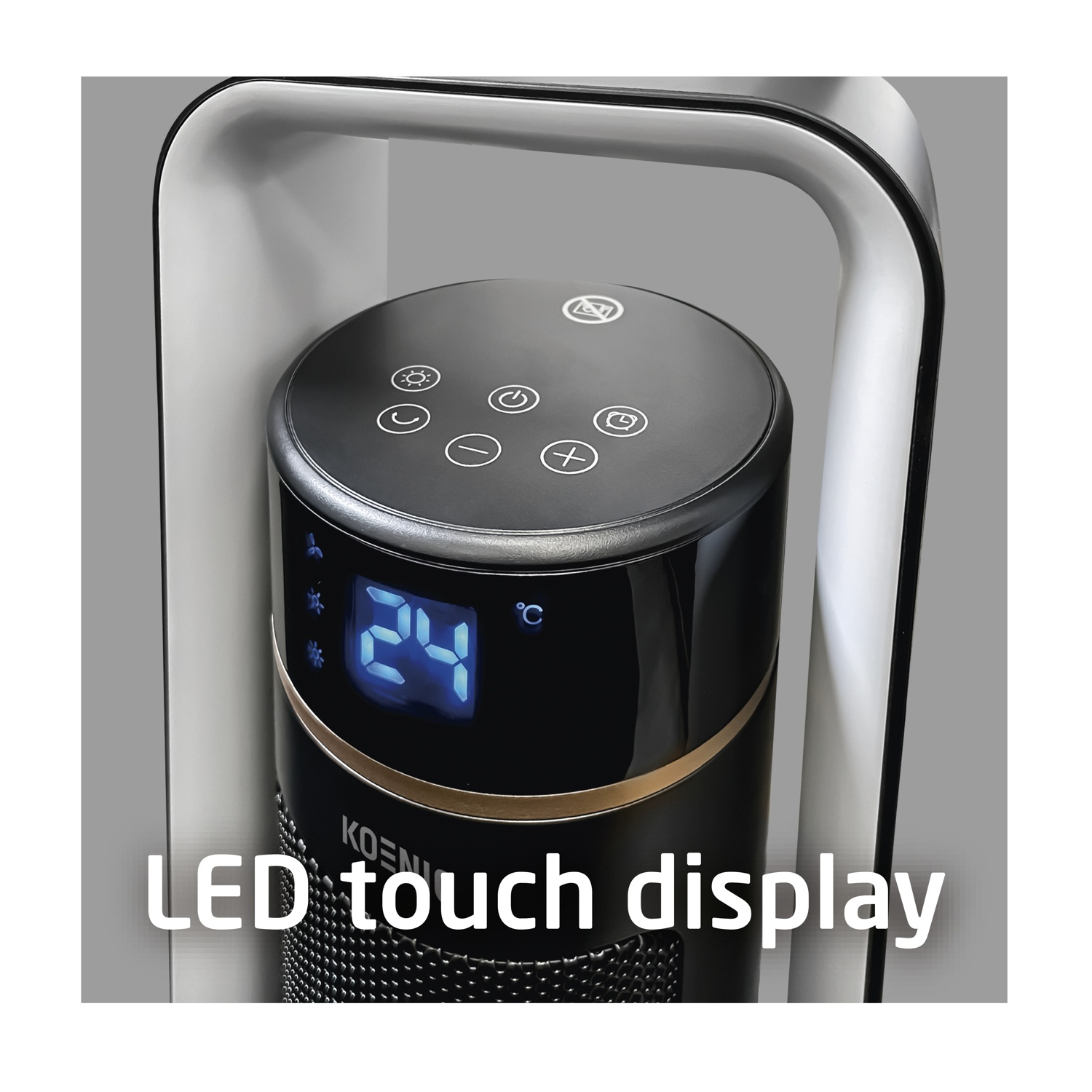 Stufa elettrica nera e oro con display touch LED che mostra 24°C. Ha una maniglia bianca e pulsanti di controllo.