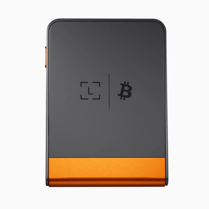 Egy téglalap alakú eszköz szürke felső résszel és narancssárga alsó résszel. Bitcoin szimbólum és egy négyzet szimbólum látható.